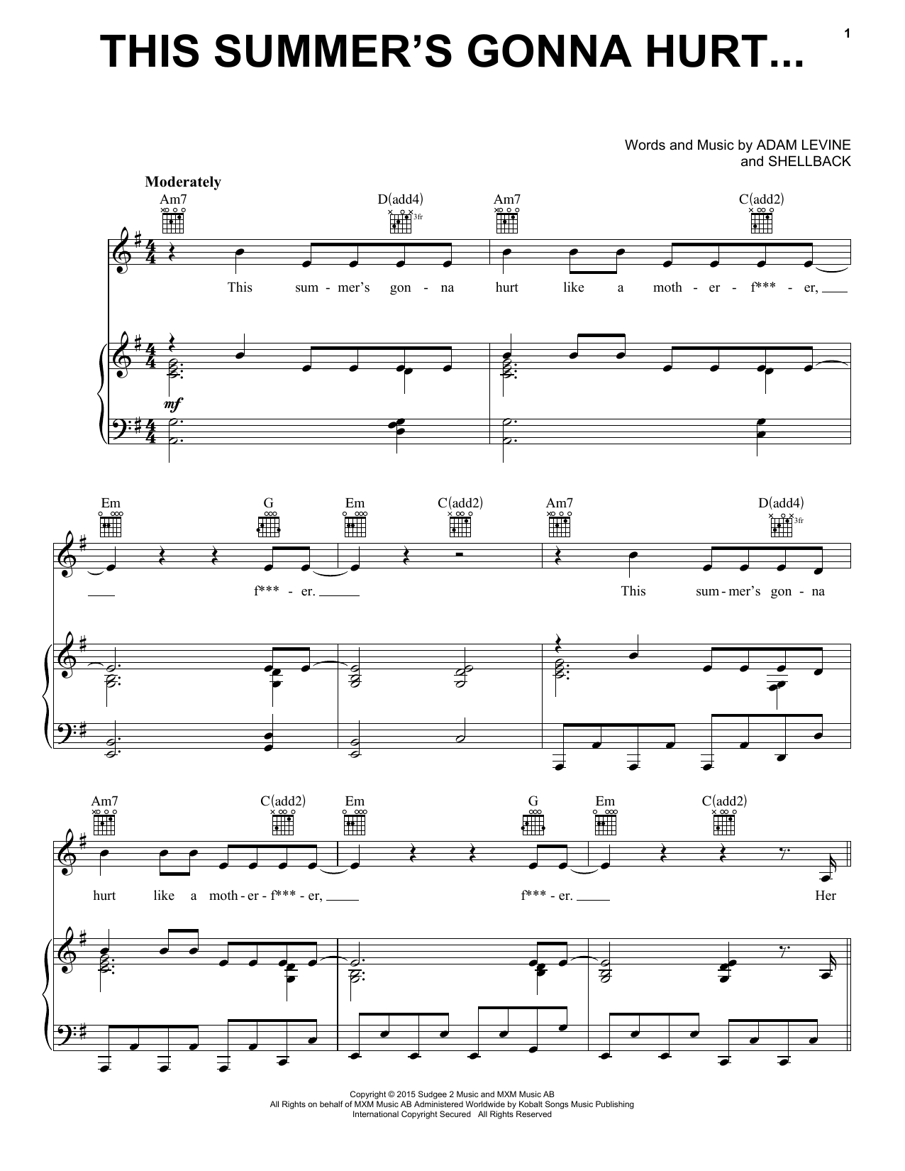 Download Maroon 5 This Summer's Gonna Hurt Like A Motherf***er Sheet Music and learn how to play Piano, Vocal & Guitar (Right-Hand Melody) PDF digital score in minutes