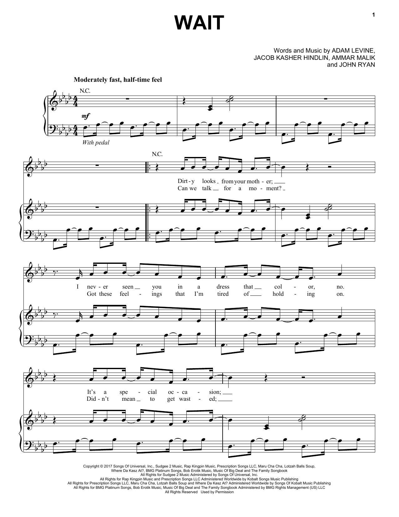 Download Maroon 5 Wait Sheet Music and learn how to play Piano, Vocal & Guitar (Right-Hand Melody) PDF digital score in minutes