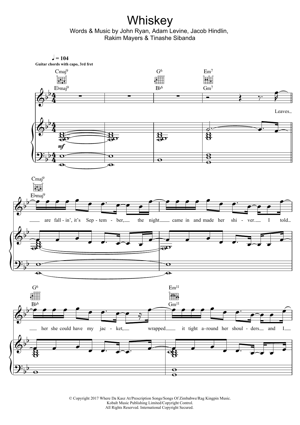 Download Maroon 5 Whiskey (feat. A$AP Rocky) Sheet Music and learn how to play Piano, Vocal & Guitar (Right-Hand Melody) PDF digital score in minutes