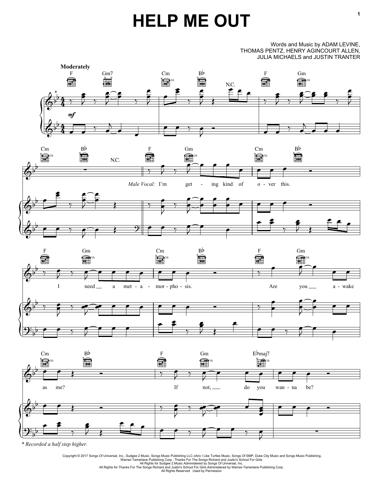 Download Maroon 5 with Julia Michaels Help Me Out Sheet Music and learn how to play Piano, Vocal & Guitar (Right-Hand Melody) PDF digital score in minutes