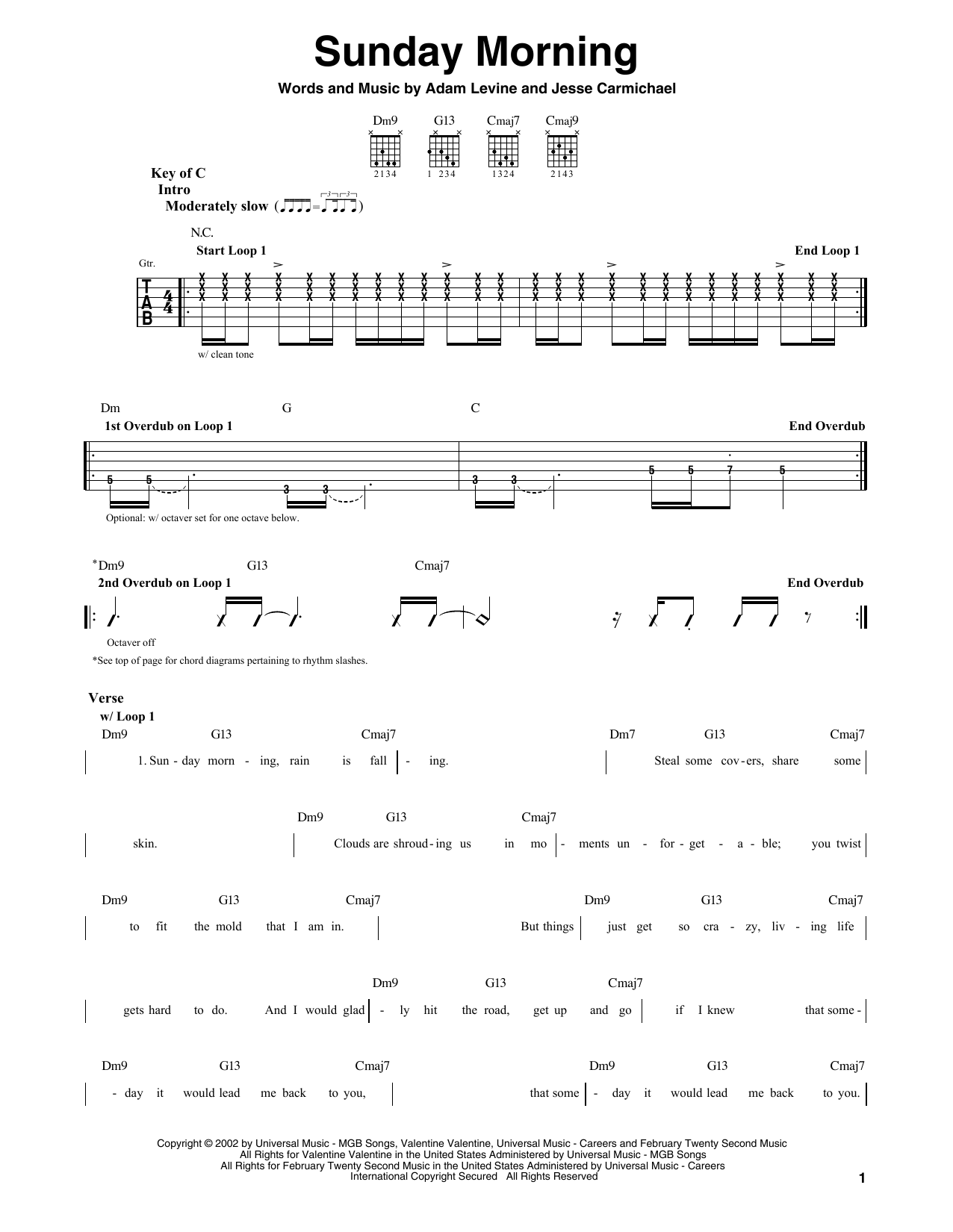 Download Maroon5 Sunday Morning Sheet Music and learn how to play Guitar Tab PDF digital score in minutes