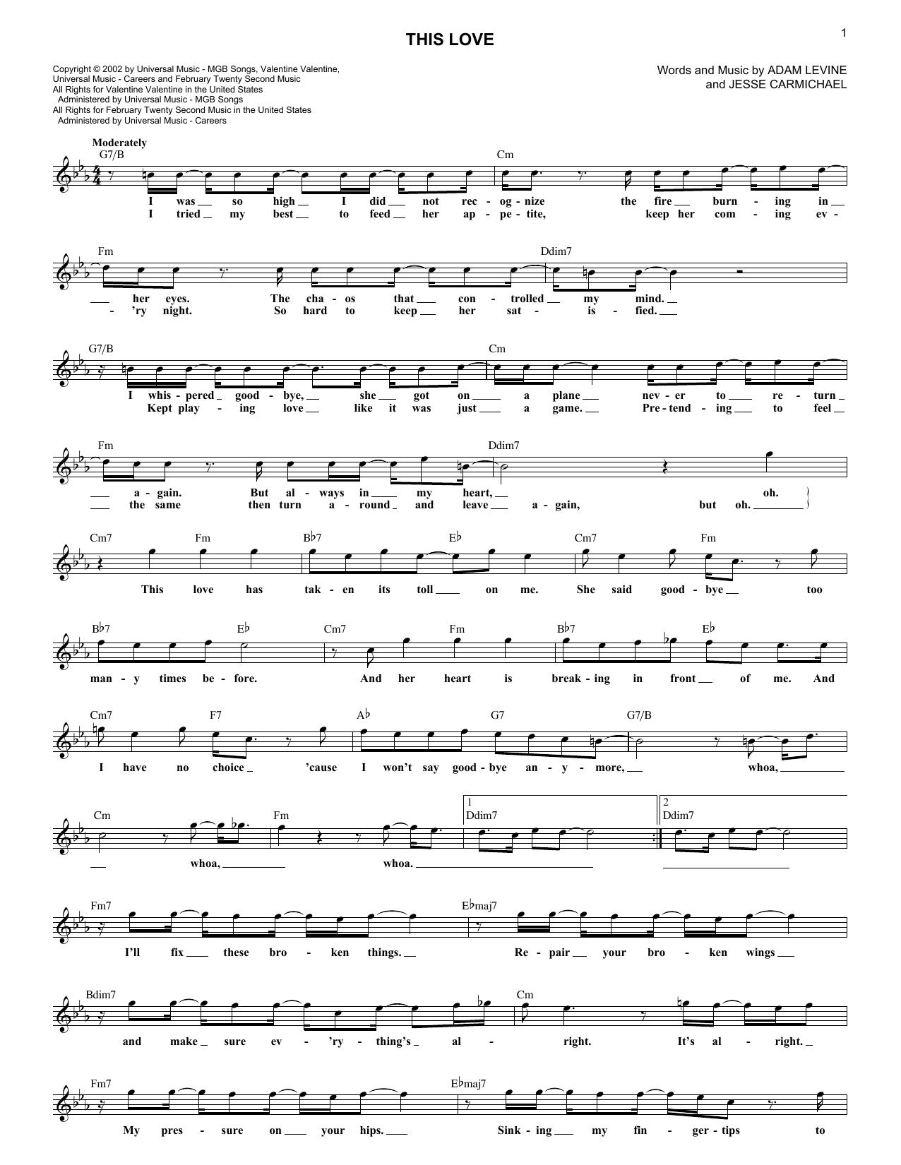 Download Maroon5 This Love Sheet Music and learn how to play Melody Line, Lyrics & Chords PDF digital score in minutes