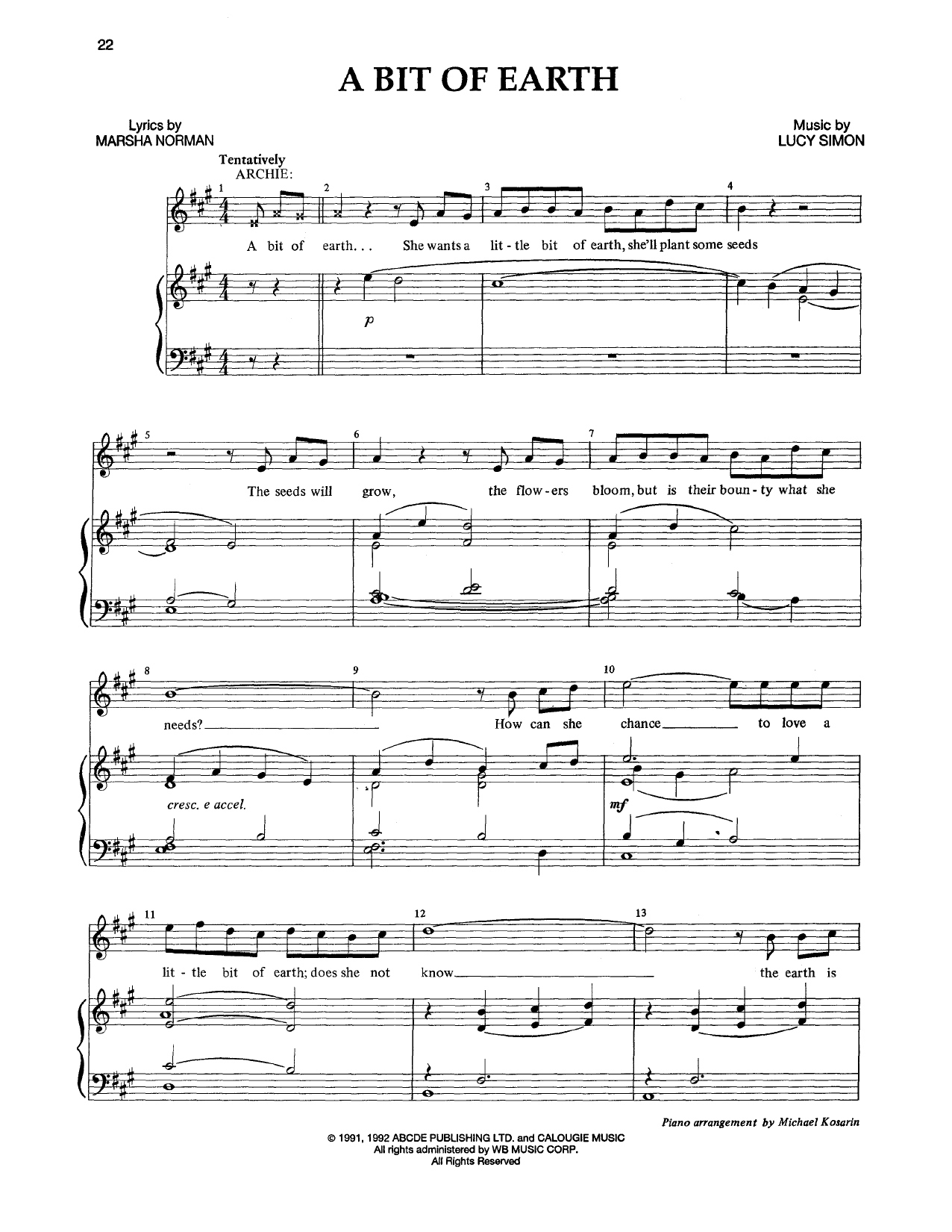 Download Marsha Norman & Lucy Simon A Bit Of Earth Sheet Music and learn how to play Piano & Vocal PDF digital score in minutes