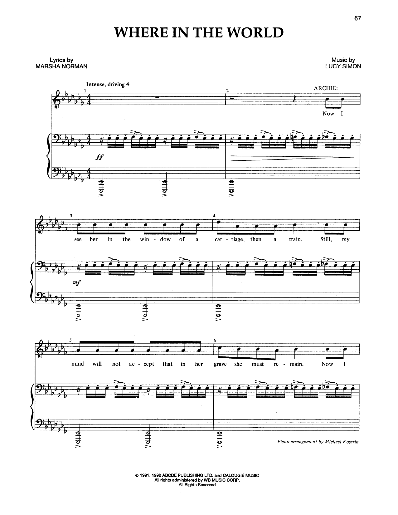 Download Marsha Norman & Lucy Simon Where In The World Sheet Music and learn how to play Piano & Vocal PDF digital score in minutes