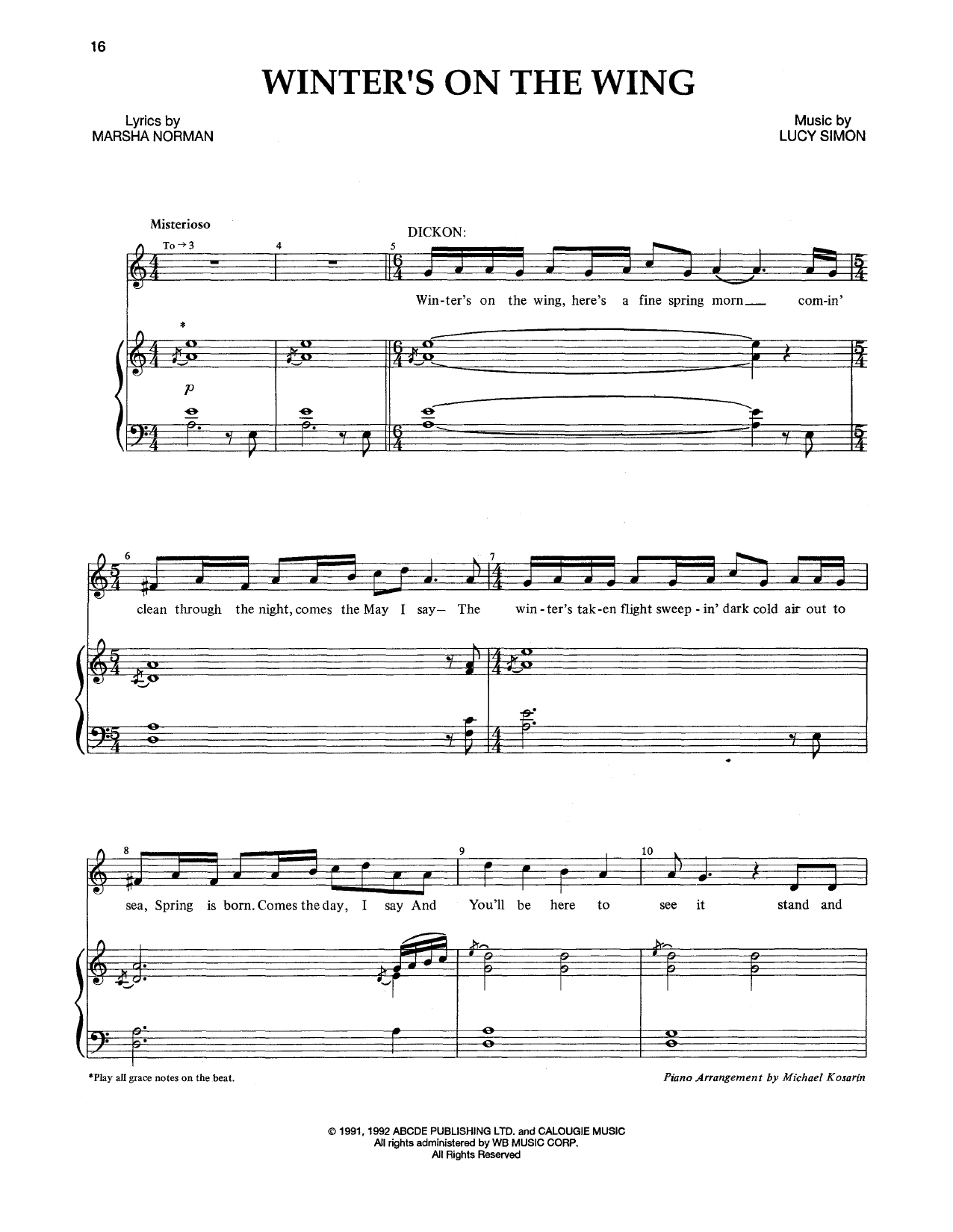 Download Marsha Norman & Lucy Simon Winter's On The Wing Sheet Music and learn how to play Piano & Vocal PDF digital score in minutes