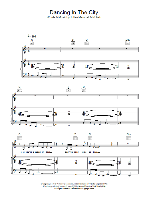 Download Marshall Hain Dancing In The City Sheet Music and learn how to play Piano, Vocal & Guitar PDF digital score in minutes