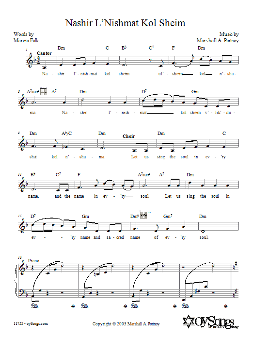 Download Marshall Portnoy Nashir L'nishmat Kol Sheim Sheet Music and learn how to play Melody Line, Lyrics & Chords PDF digital score in minutes