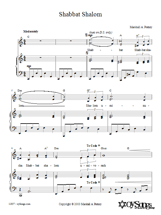 Download Marshall Portnoy Shabbat Shalom Sheet Music and learn how to play Piano, Vocal & Guitar (Right-Hand Melody) PDF digital score in minutes