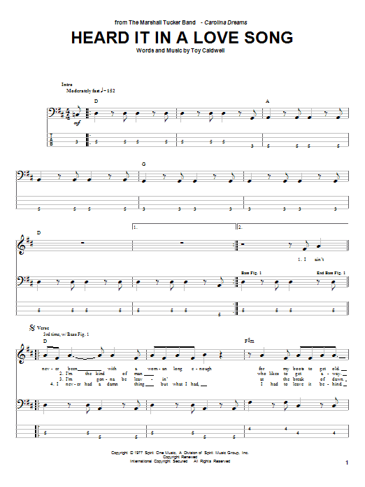 Download Marshall Tucker Band Heard It In A Love Song Sheet Music and learn how to play Bass Guitar Tab PDF digital score in minutes
