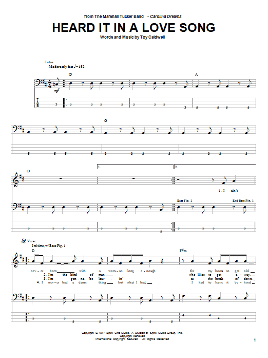 Download Marshall Tucker Band Heard It In A Love Song Sheet Music and learn how to play Easy Guitar Tab PDF digital score in minutes