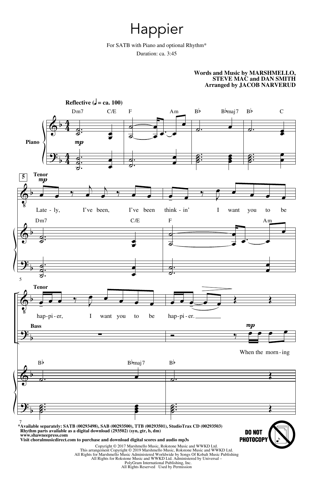 Download Marshmello & Bastille Happier (arr. Jacob Narverud) Sheet Music and learn how to play SAB Choir PDF digital score in minutes