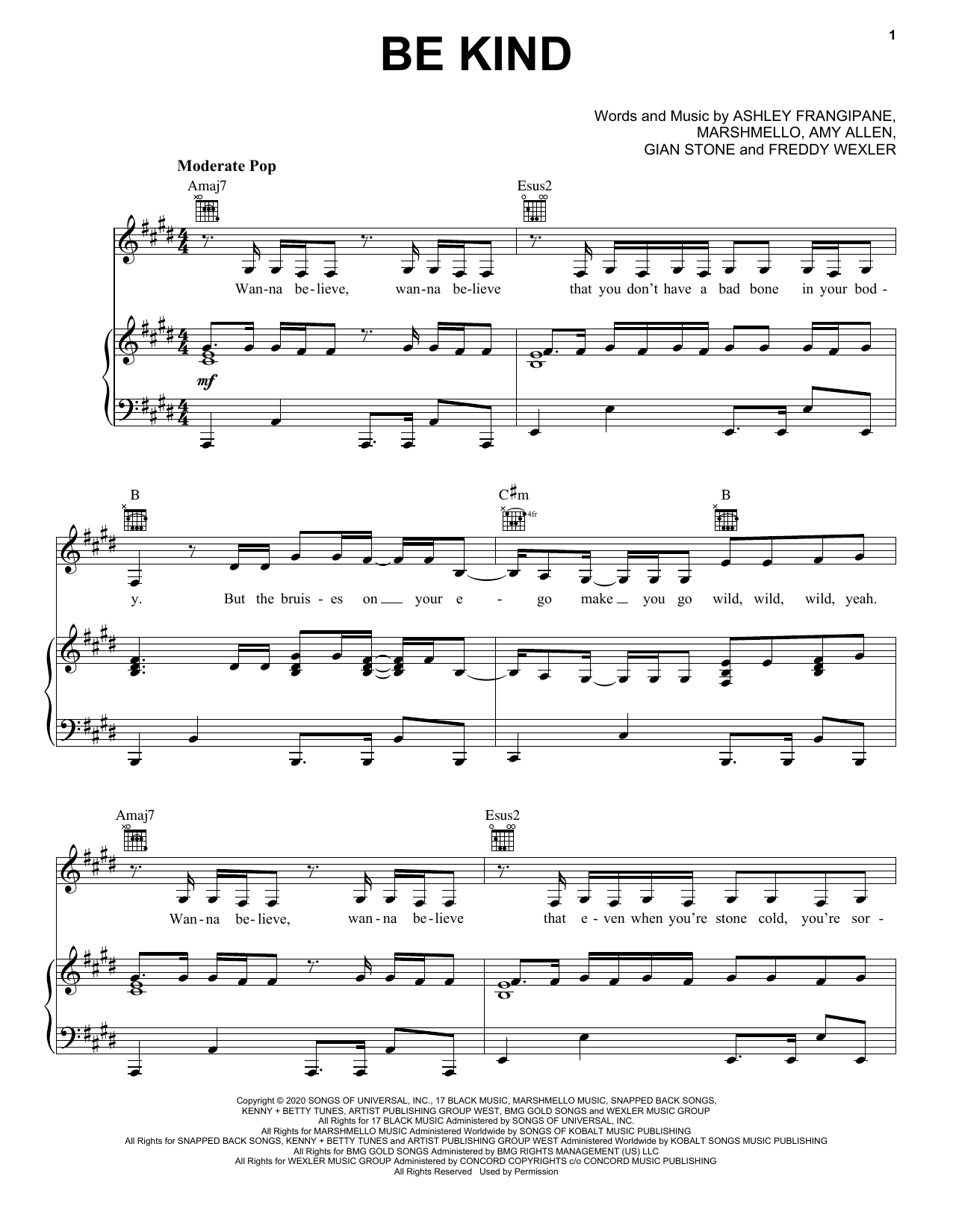 Download Marshmello & Halsey Be Kind Sheet Music and learn how to play Piano, Vocal & Guitar Chords (Right-Hand Melody) PDF digital score in minutes