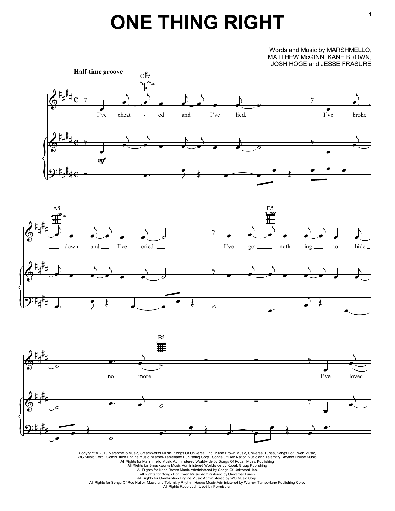 Download Marshmello & Kane Brown One Thing Right Sheet Music and learn how to play Piano, Vocal & Guitar Chords (Right-Hand Melody) PDF digital score in minutes