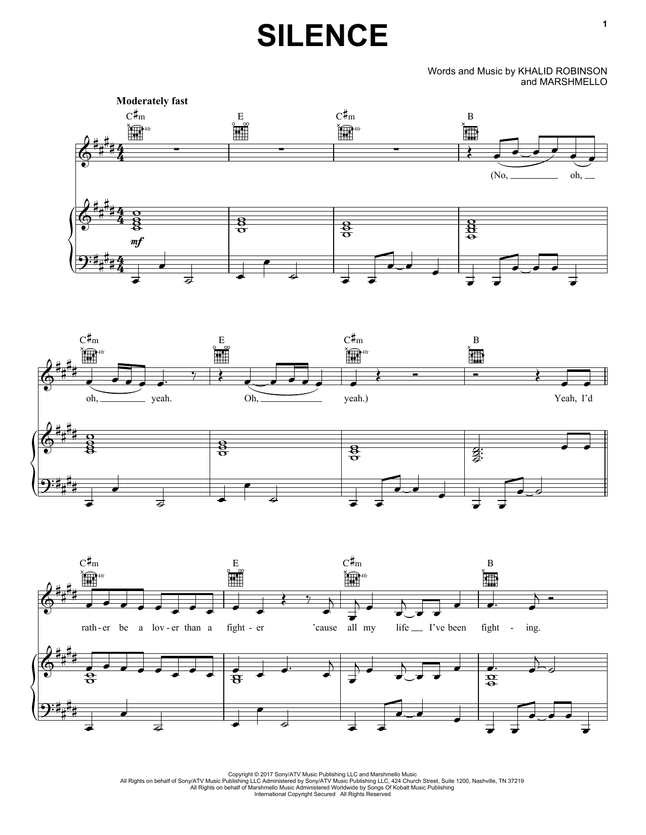 Download Marshmello Silence (feat. Khalid) Sheet Music and learn how to play Easy Piano PDF digital score in minutes