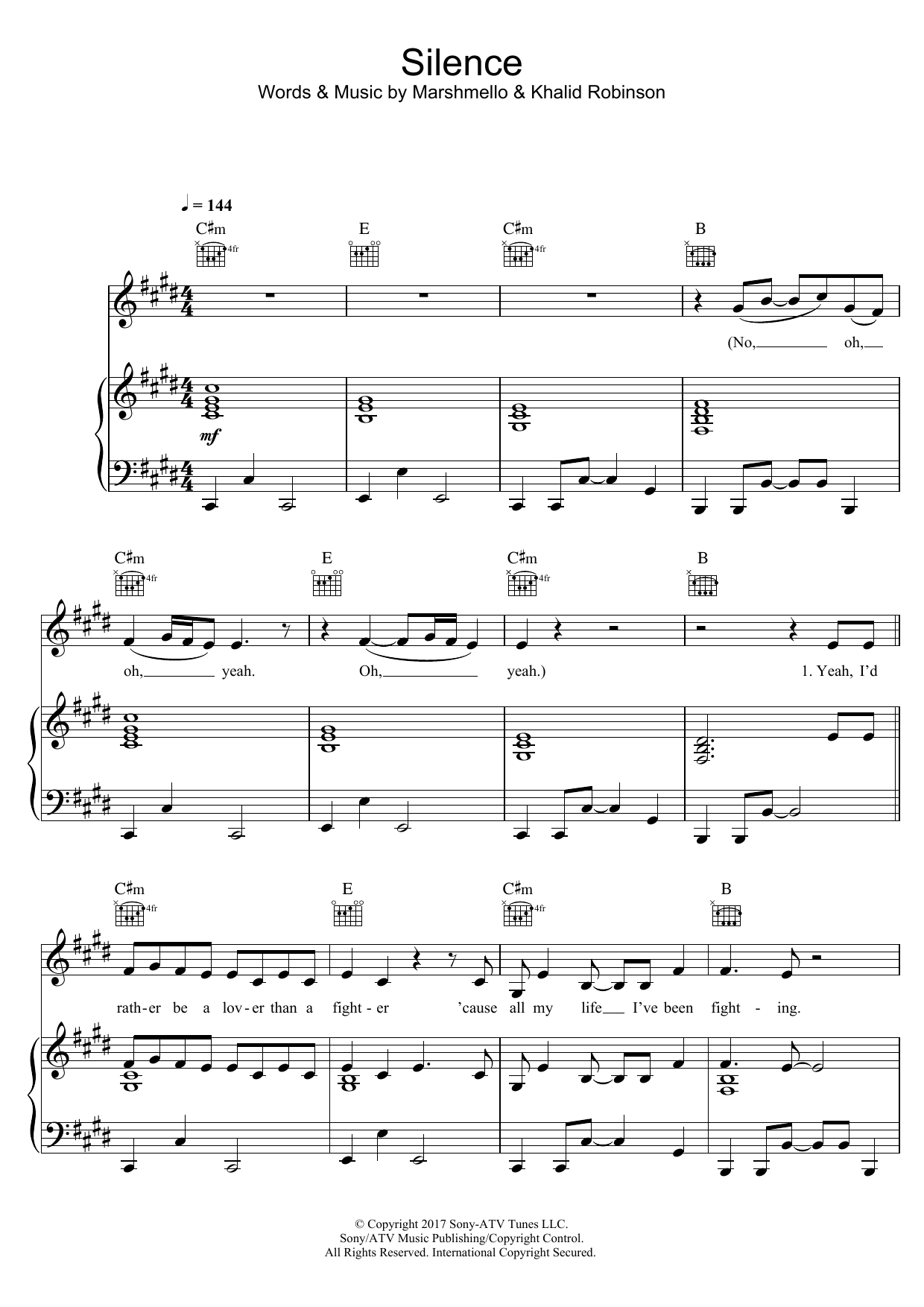 Download Marshmello Silence (feat. Khalid) Sheet Music and learn how to play Piano, Vocal & Guitar (Right-Hand Melody) PDF digital score in minutes