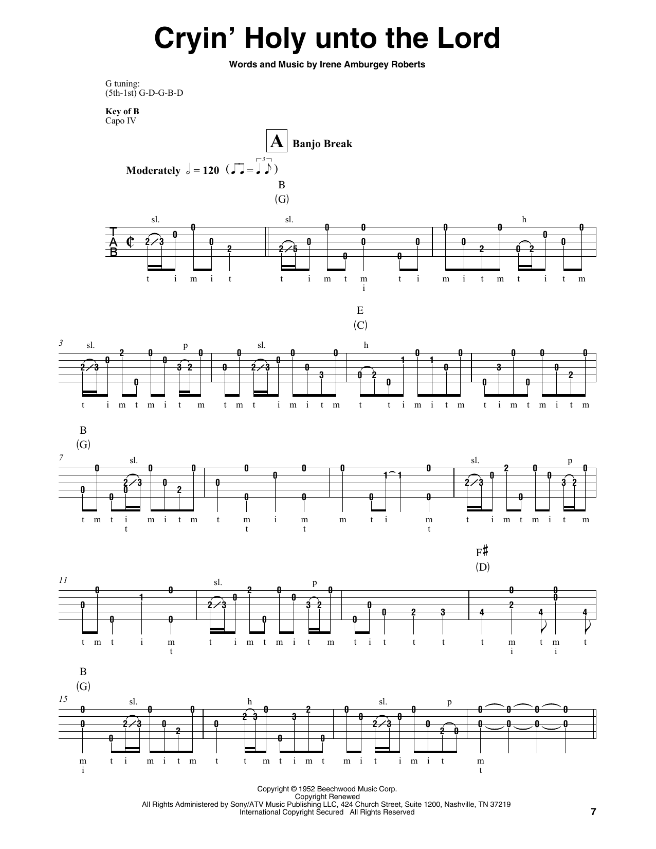 Download Martha Carson Cryin' Holy Unto The Lord Sheet Music and learn how to play Banjo PDF digital score in minutes