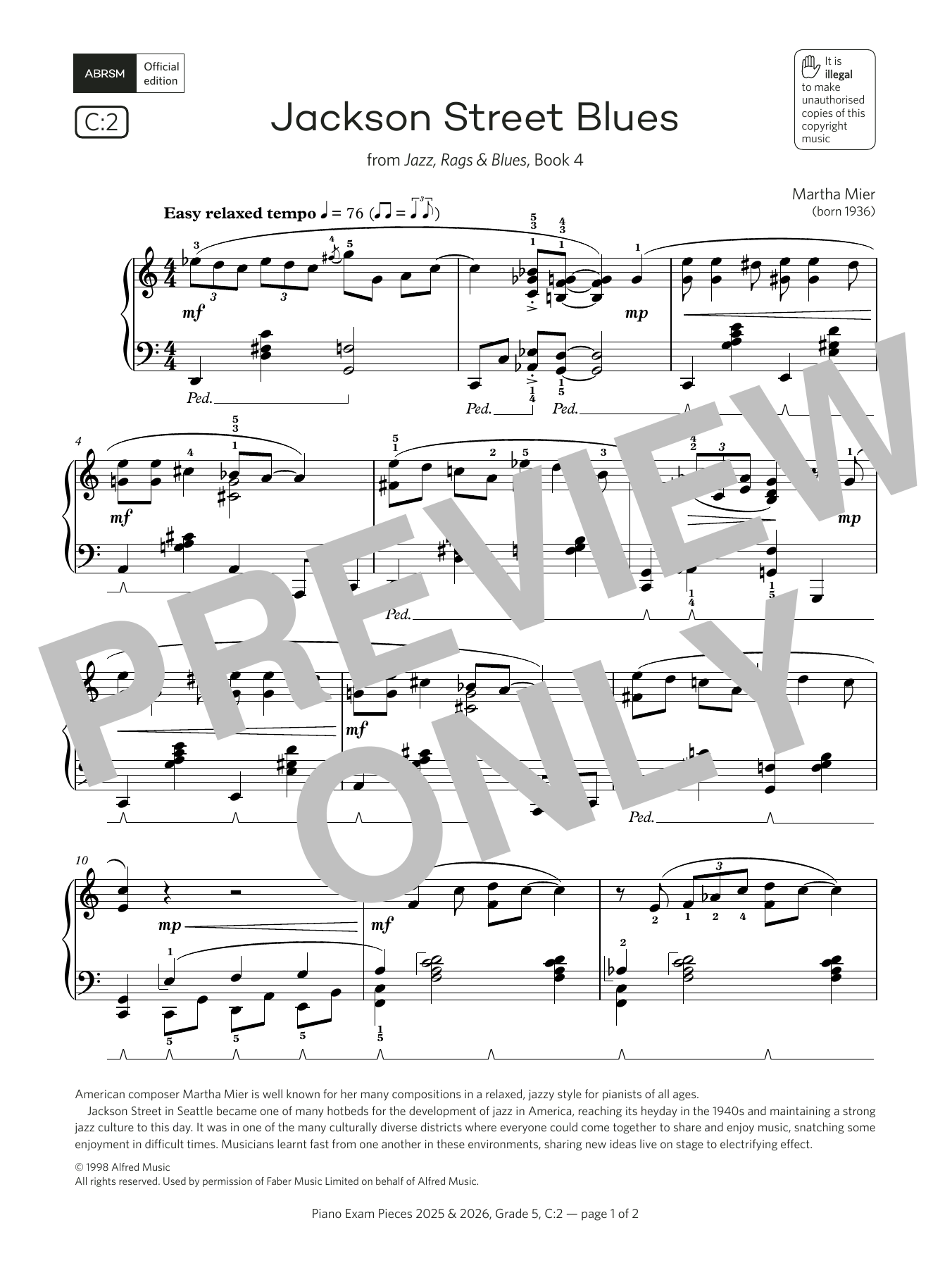 Download Martha Mier Jackson Street Blues (Grade 5, list C2, from the ABRSM Piano Syllabus 2025 & 202 Sheet Music and learn how to play Piano Solo PDF digital score in minutes