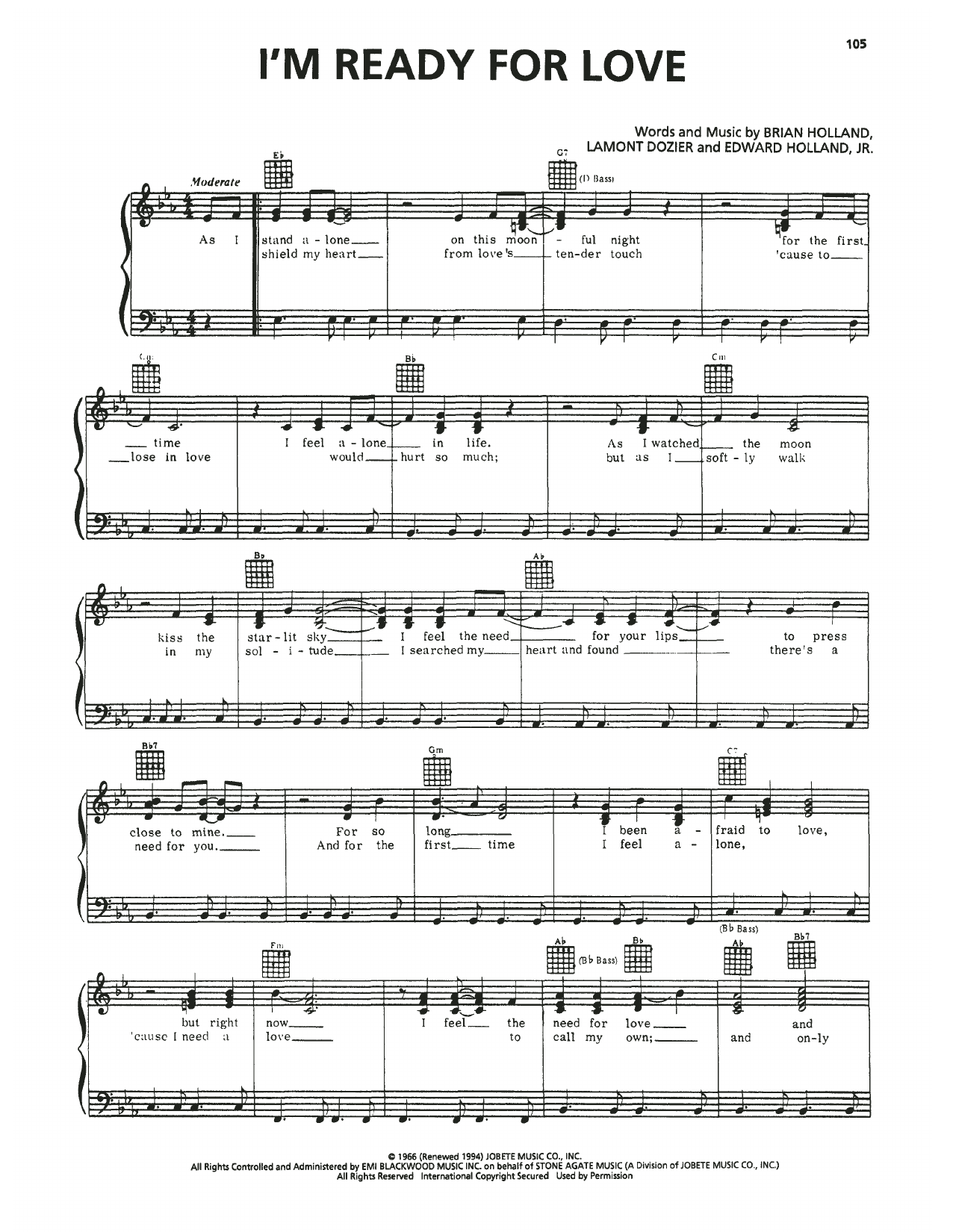 Download Martha Reeves & The Vandellas I'm Ready For Love Sheet Music and learn how to play Piano, Vocal & Guitar Chords (Right-Hand Melody) PDF digital score in minutes