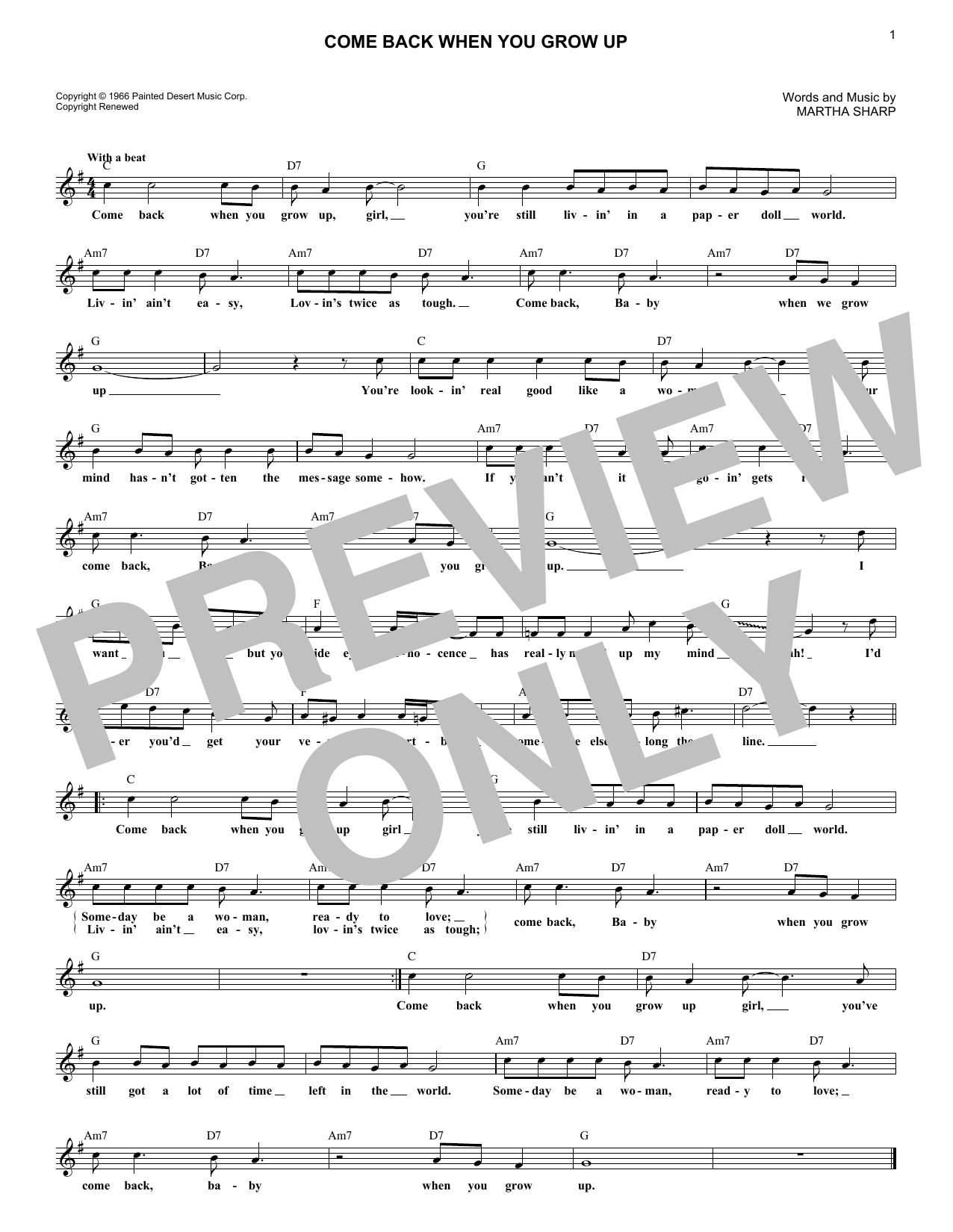 Download Martha Sharp Come Back When You Grow Up Sheet Music and learn how to play Melody Line, Lyrics & Chords PDF digital score in minutes