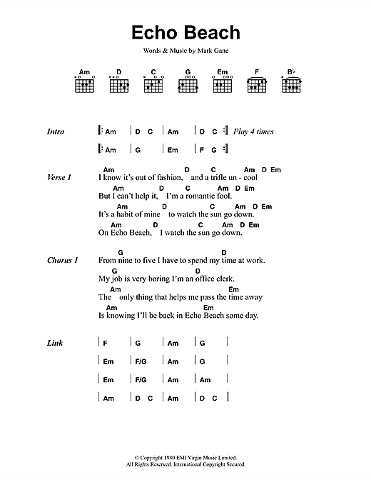 Download Martha & The Muffins Echo Beach Sheet Music and learn how to play Ukulele PDF digital score in minutes
