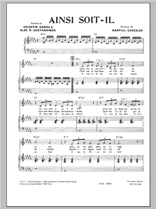 Download Martial Carceles Ainsi Soit Il (As It Must Be) Sheet Music and learn how to play Piano & Vocal PDF digital score in minutes