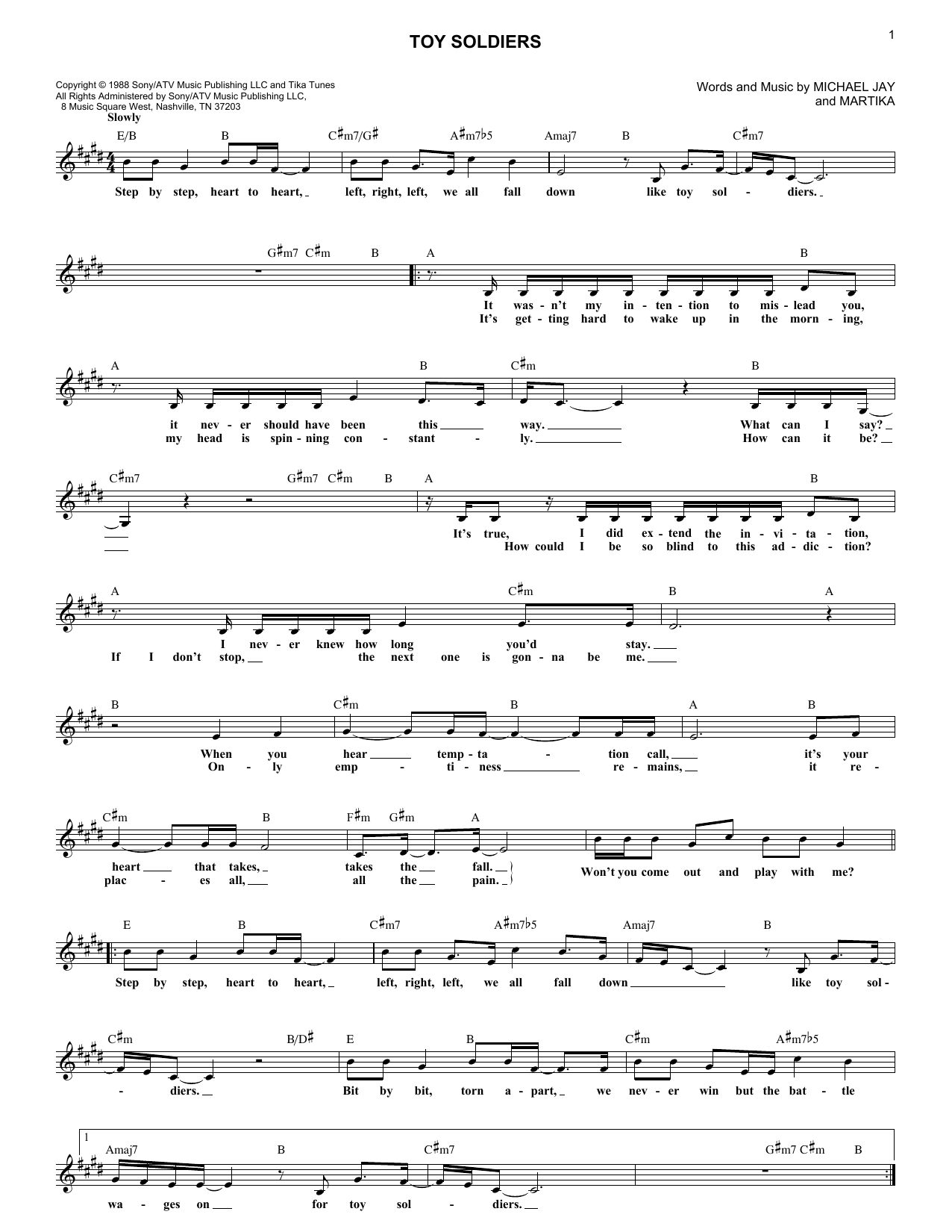 Download Martika Toy Soldiers Sheet Music and learn how to play Melody Line, Lyrics & Chords PDF digital score in minutes