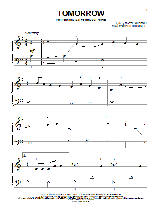 Download Martin Charnin Tomorrow Sheet Music and learn how to play Piano (Big Notes) PDF digital score in minutes