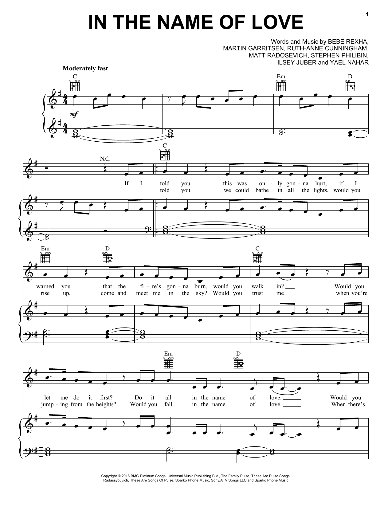 Download Martin Garrix & Bebe Rexha In The Name Of Love Sheet Music and learn how to play Piano, Vocal & Guitar (Right-Hand Melody) PDF digital score in minutes