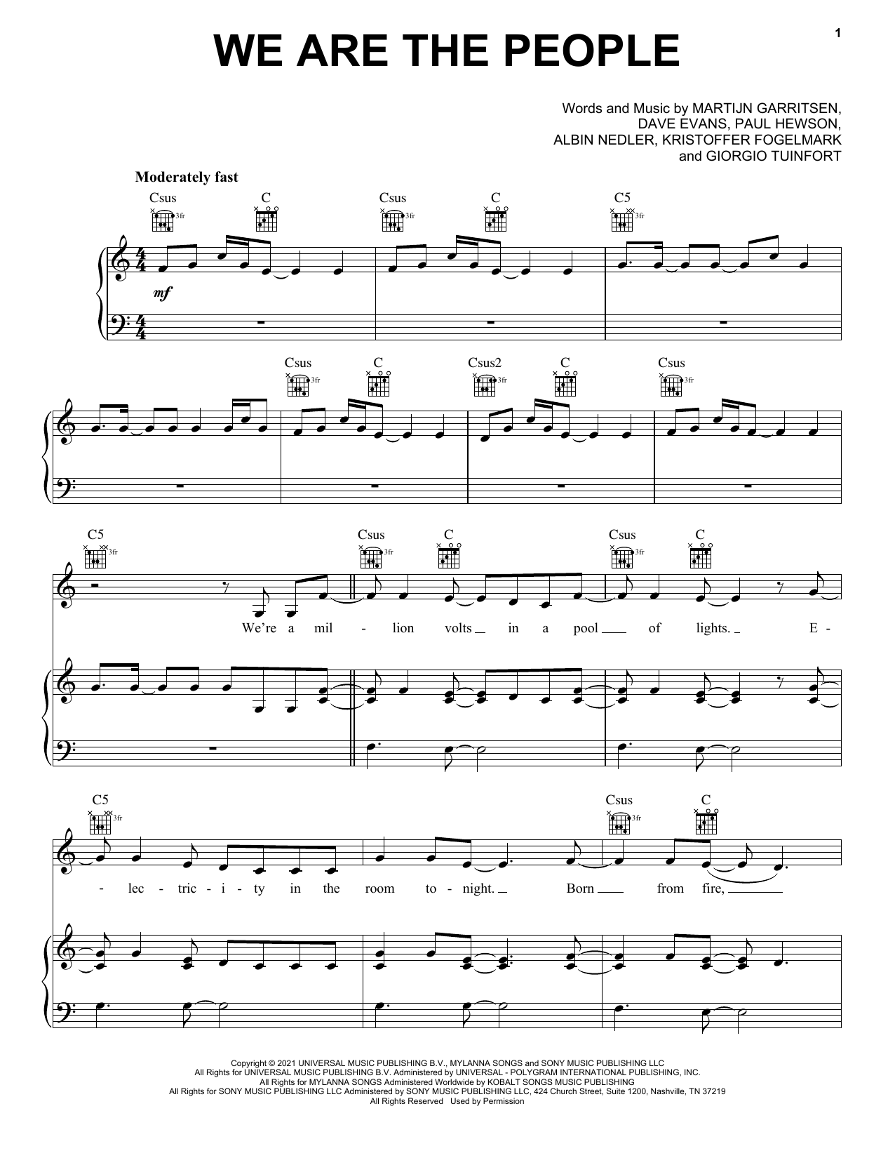 Download Martin Garrix We Are The People (feat. Bono & The Edge) [Official UEFA EURO 2020 Song] Sheet Music and learn how to play Piano, Vocal & Guitar Chords (Right-Hand Melody) PDF digital score in minutes