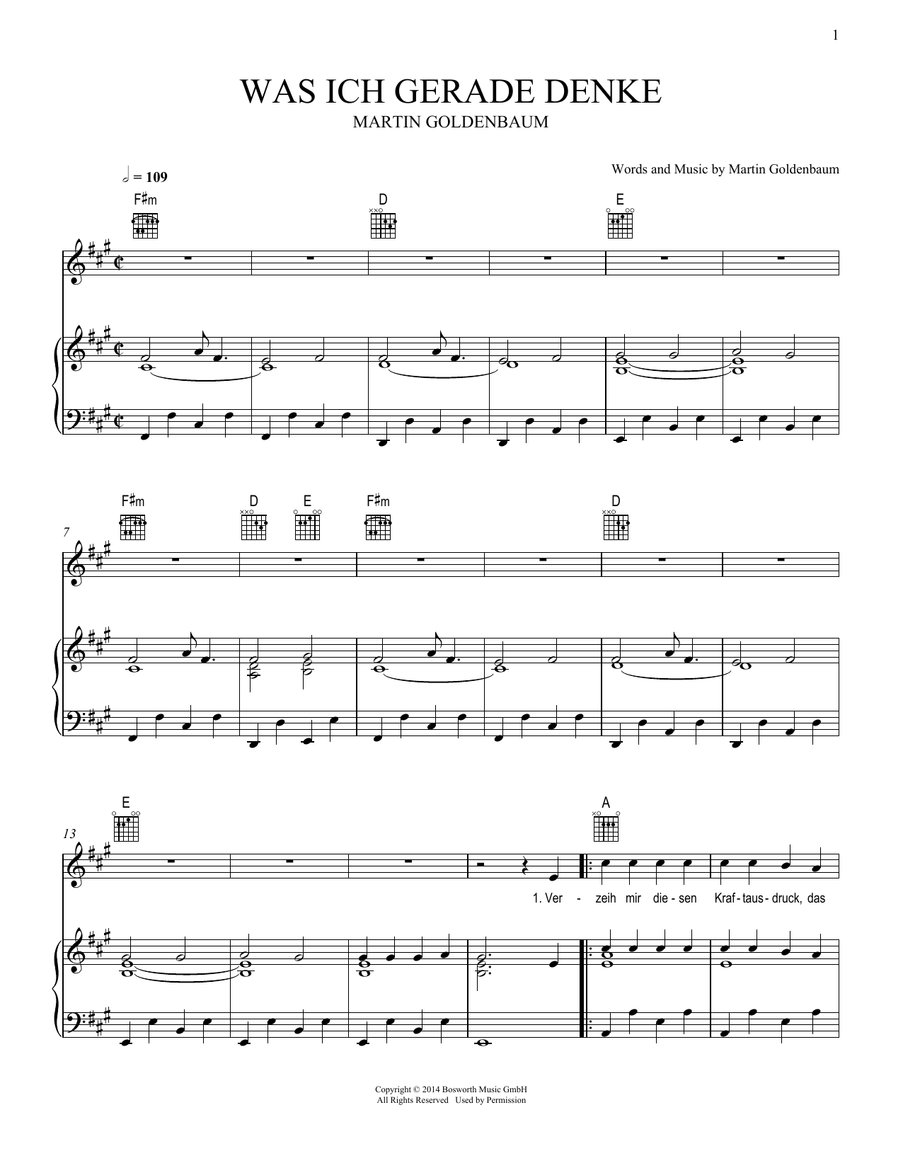 Download Martin Goldenbaum Was ich gerade denke Sheet Music and learn how to play Piano, Vocal & Guitar Chords (Right-Hand Melody) PDF digital score in minutes