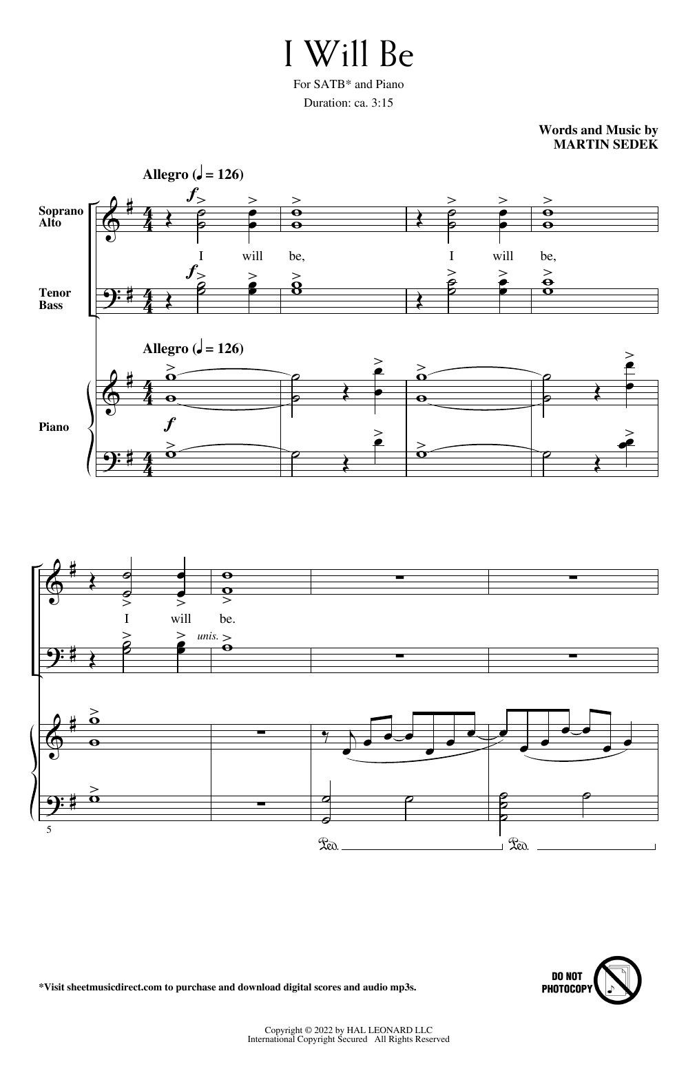 Download Martin Sedek I Will Be Sheet Music and learn how to play SATB Choir PDF digital score in minutes