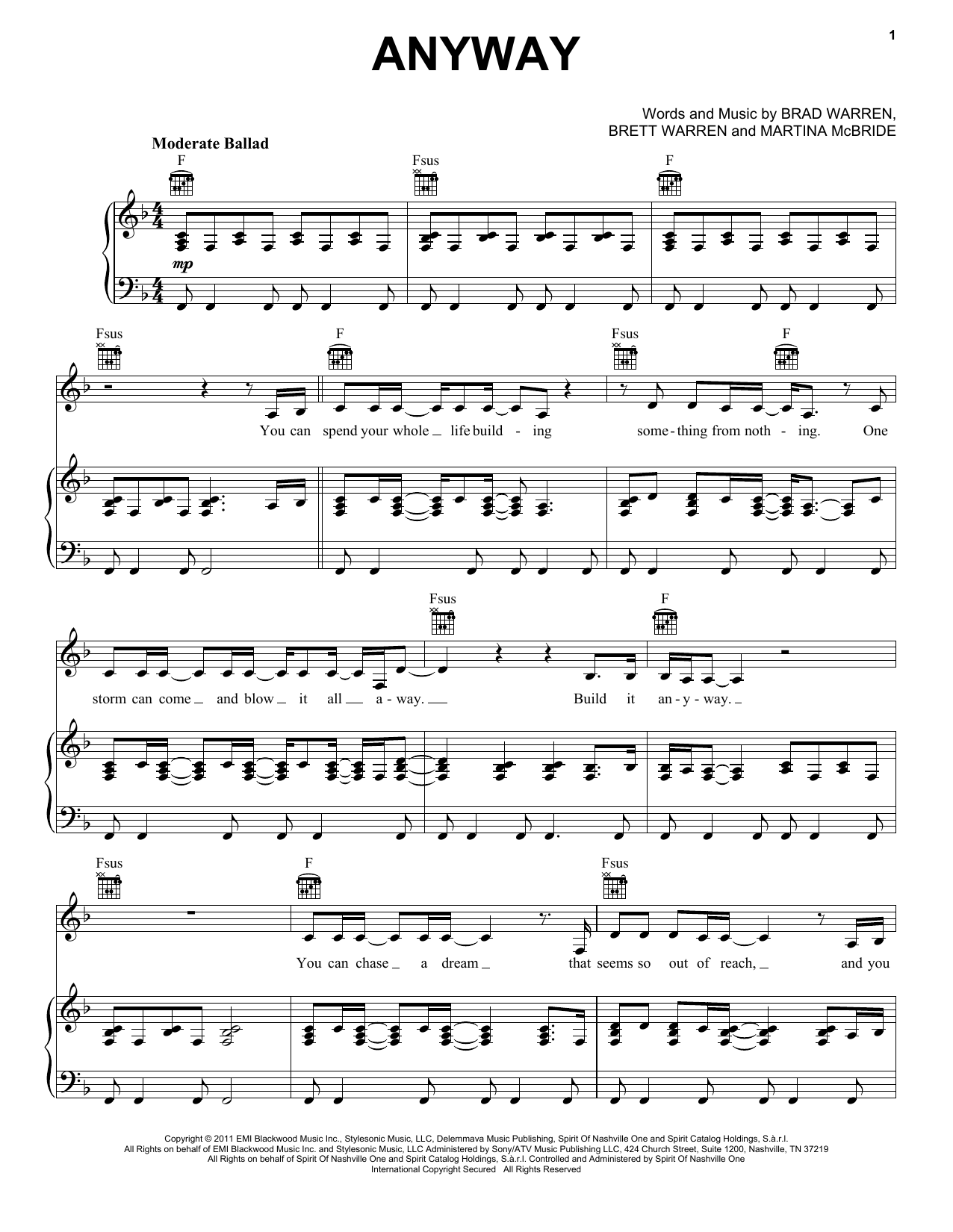 Download Martina McBride Anyway Sheet Music and learn how to play Easy Piano PDF digital score in minutes