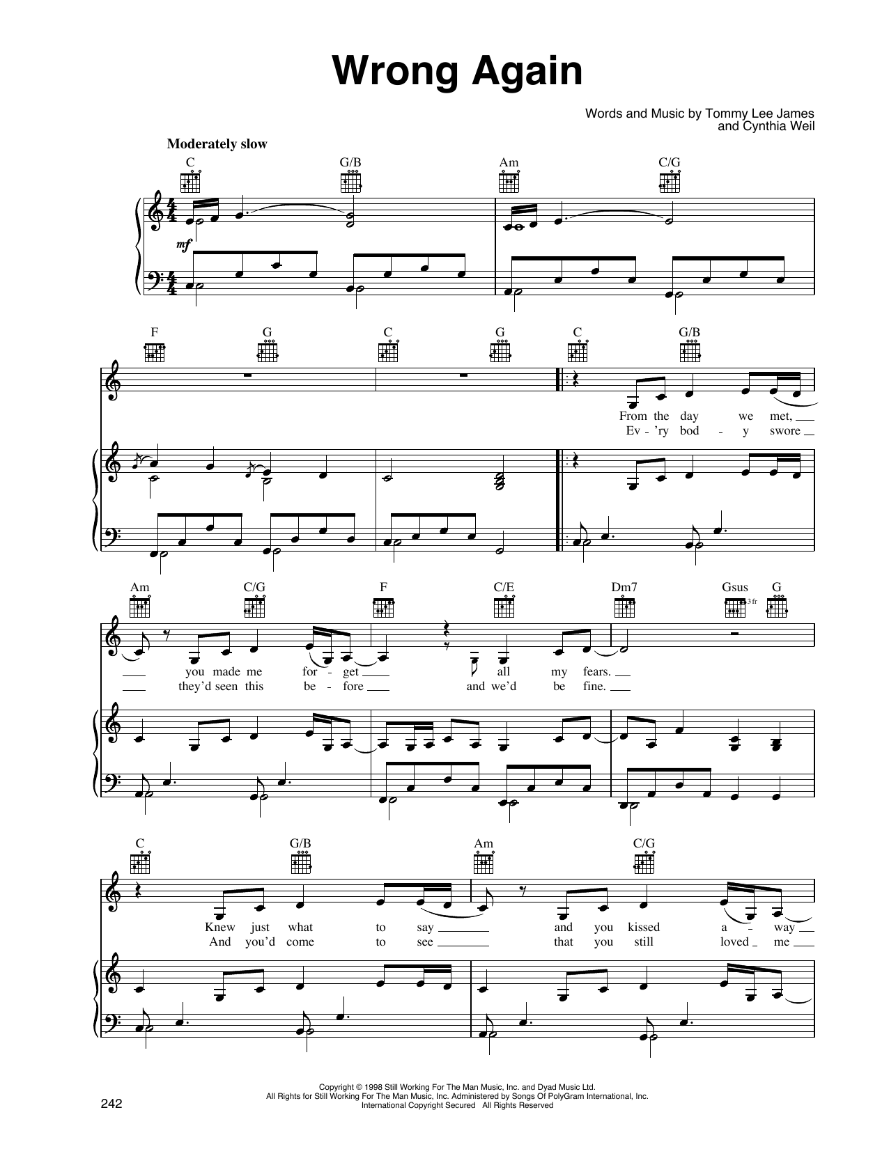 Download Martina McBride Wrong Again Sheet Music and learn how to play Piano, Vocal & Guitar Chords (Right-Hand Melody) PDF digital score in minutes