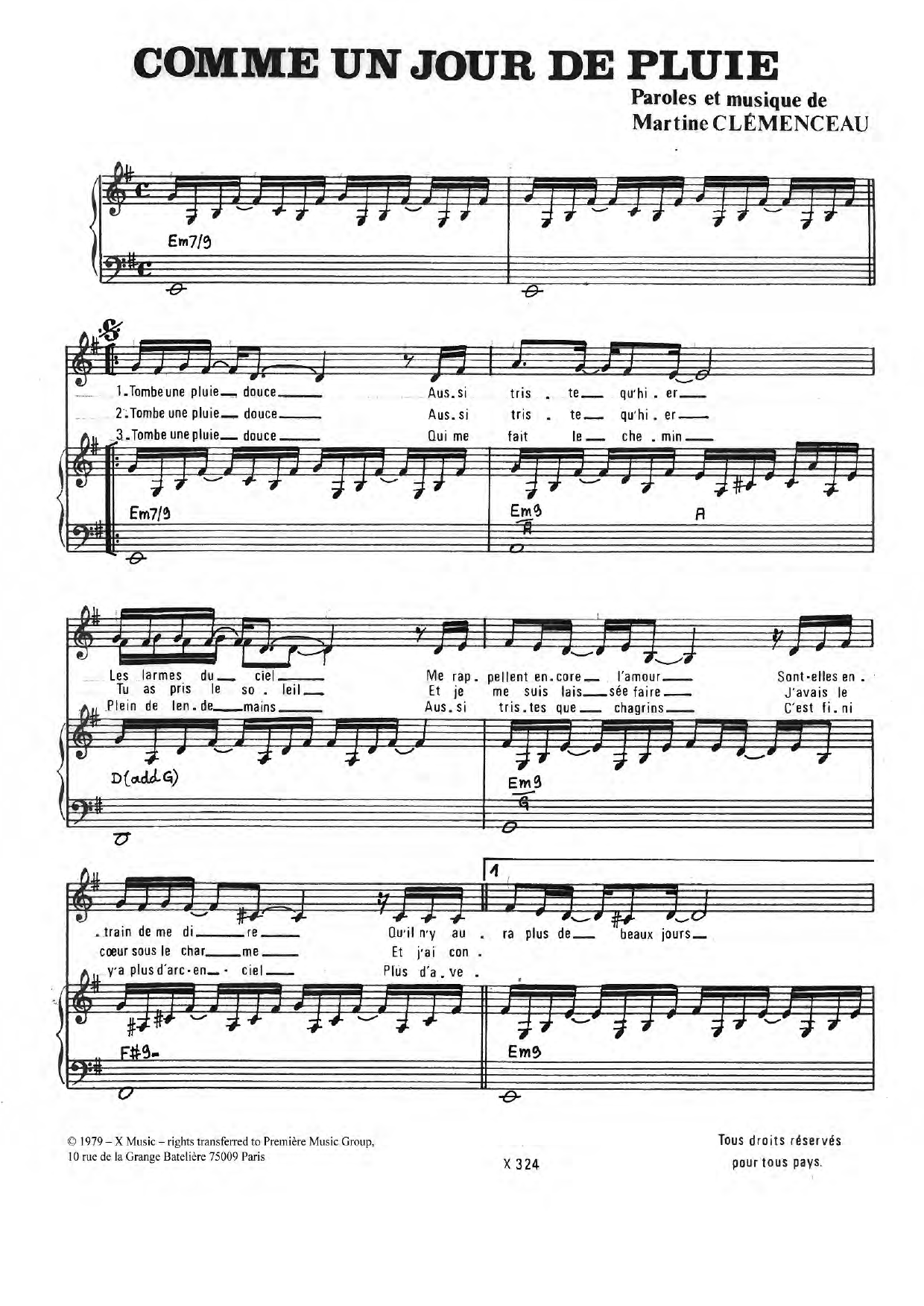 Download Martine Clemenceau Comme Un Jour De Pluie Sheet Music and learn how to play Piano & Vocal PDF digital score in minutes
