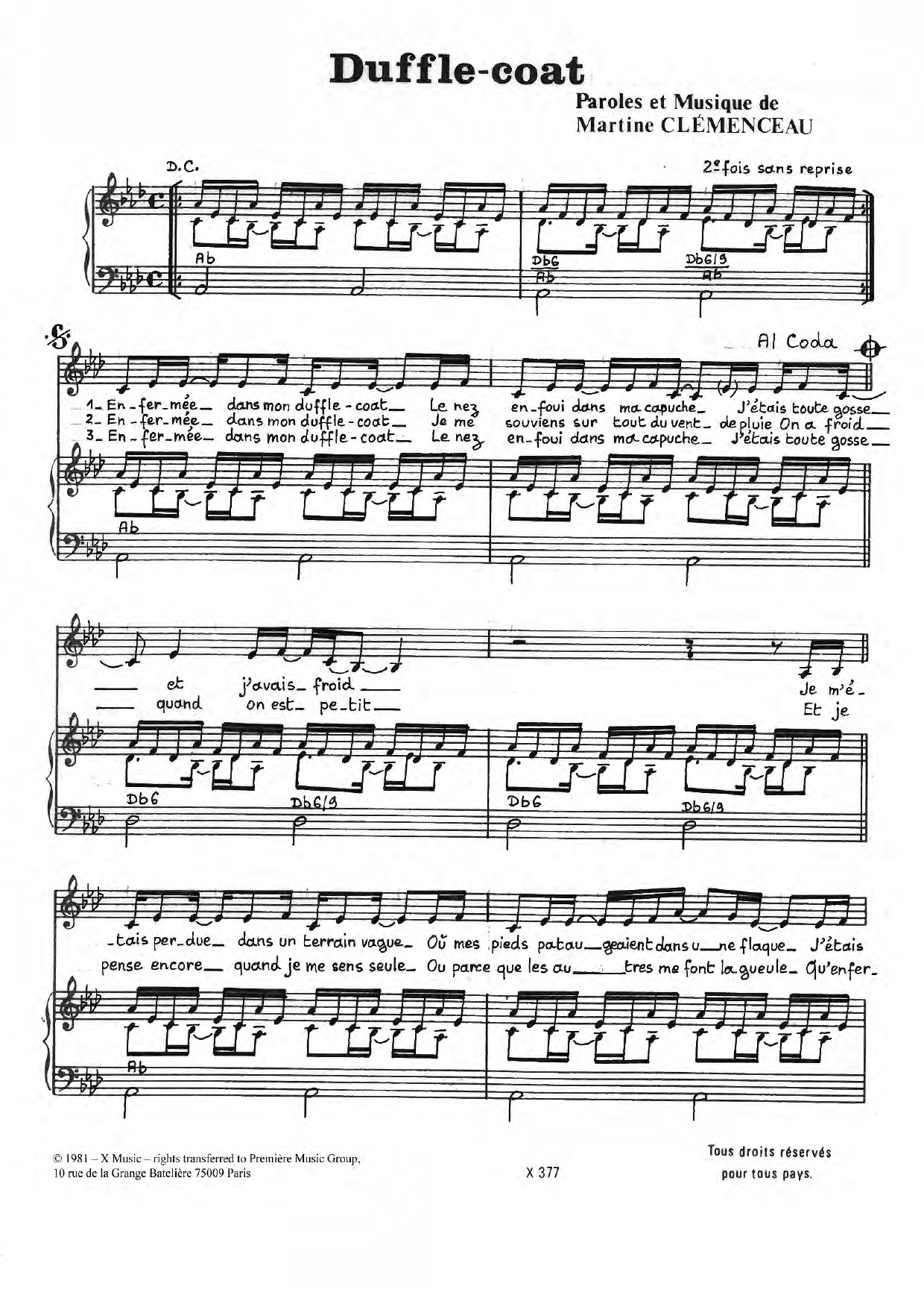 Download Martine Clemenceau Duffle Coat Sheet Music and learn how to play Piano & Vocal PDF digital score in minutes