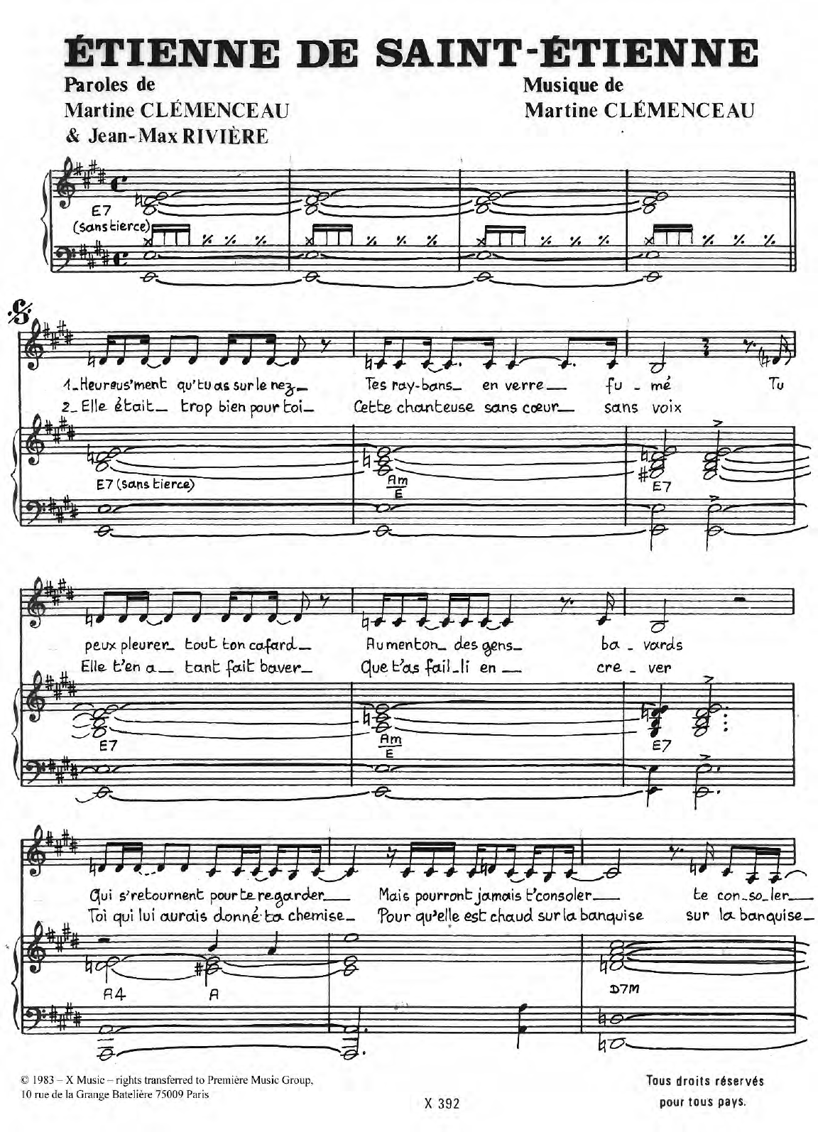 Download Martine Clemenceau Etienne De Saint-Etienne Sheet Music and learn how to play Piano & Vocal PDF digital score in minutes