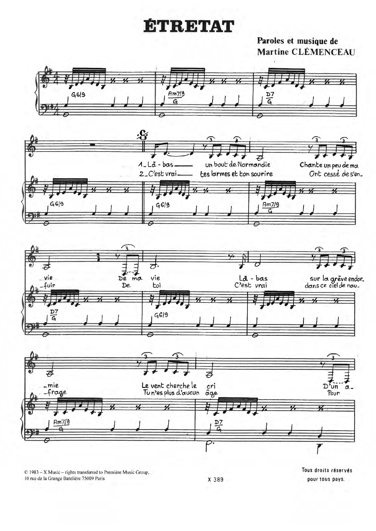 Download Martine Clemenceau Etretat Sheet Music and learn how to play Piano & Vocal PDF digital score in minutes