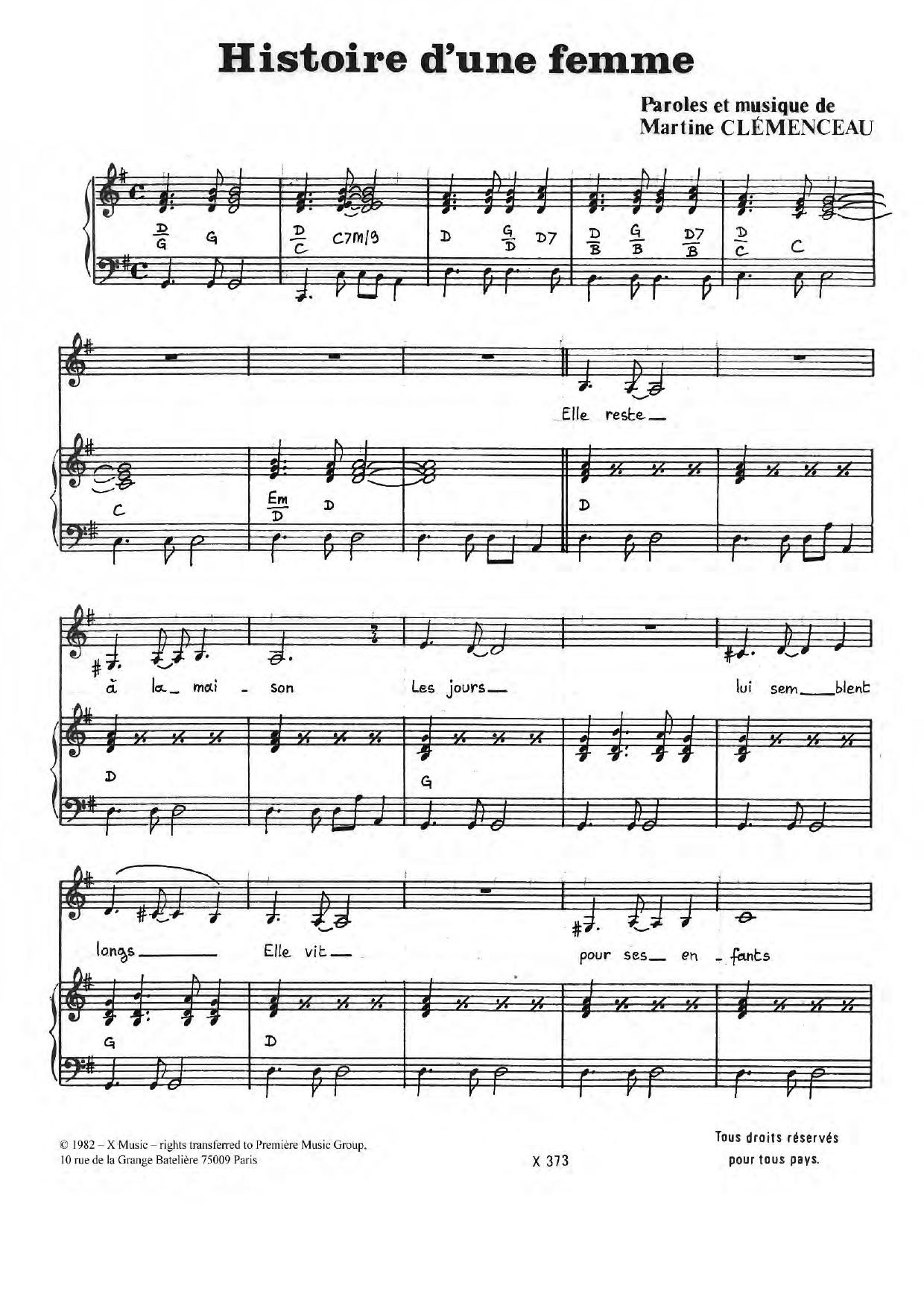 Download Martine Clemenceau Histoire D'une Femme Sheet Music and learn how to play Piano & Vocal PDF digital score in minutes