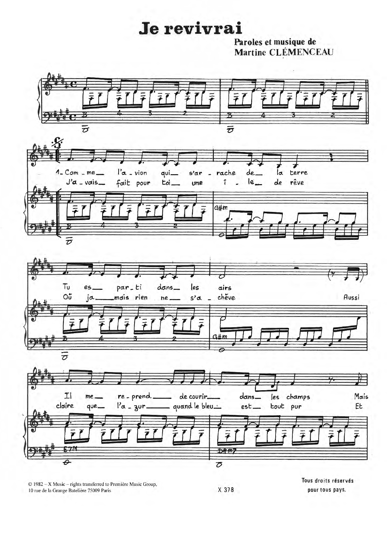 Download Martine Clemenceau Je Revivrai Sheet Music and learn how to play Piano & Vocal PDF digital score in minutes