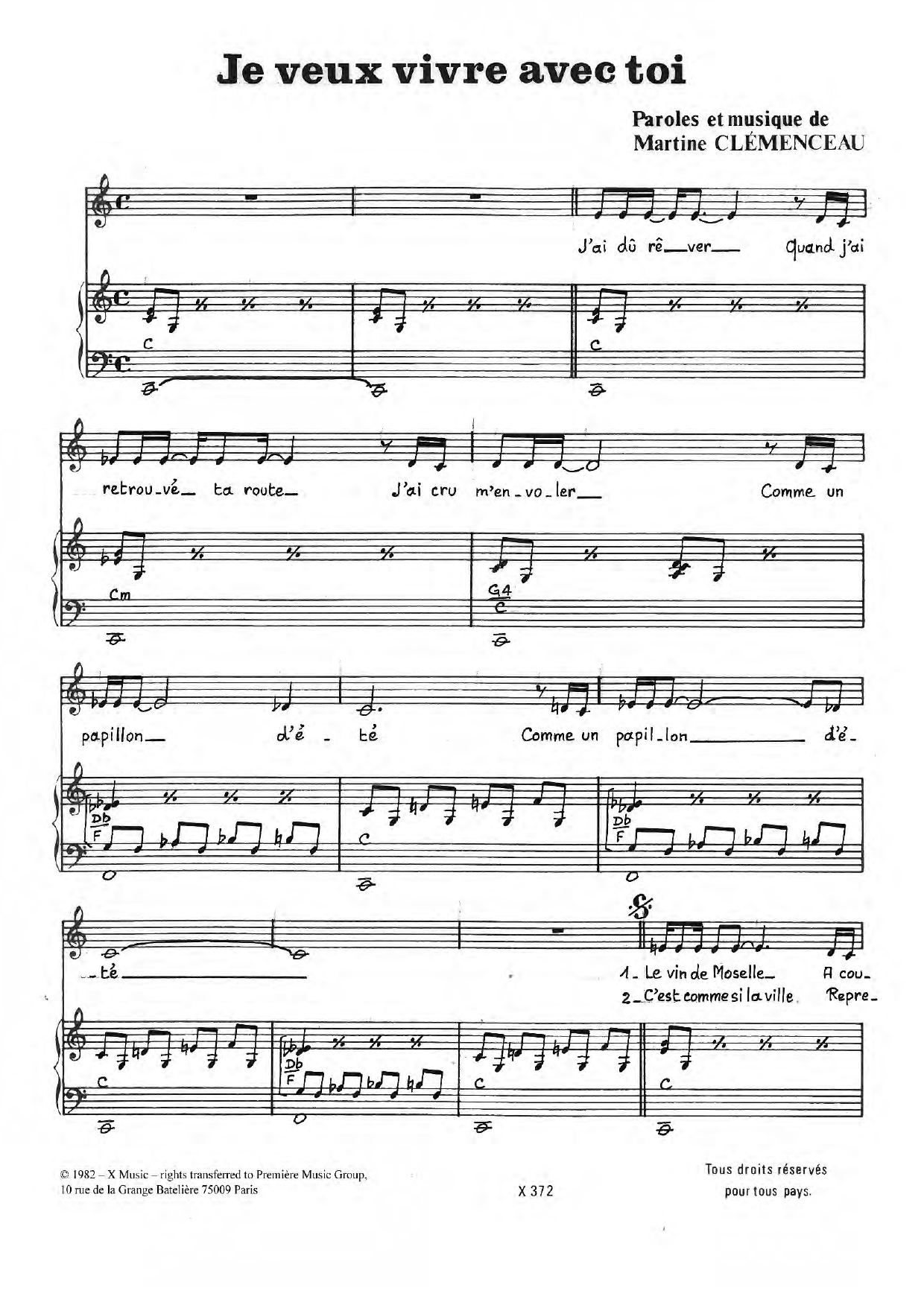 Download Martine Clemenceau Je Veux Vivre Avec Toi Sheet Music and learn how to play Piano & Vocal PDF digital score in minutes