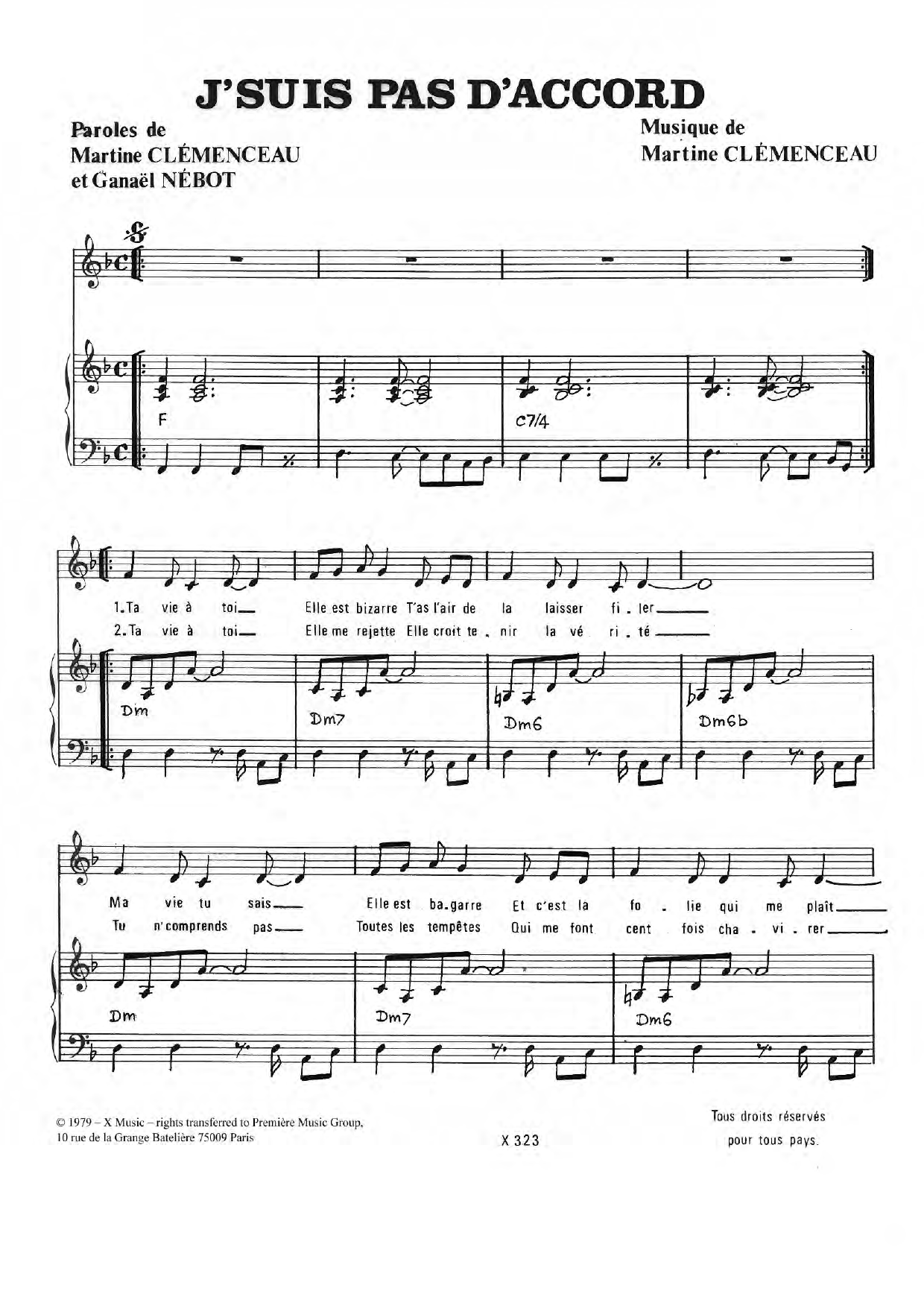 Download Martine Clemenceau J'suis Pas D'accord Sheet Music and learn how to play Piano & Vocal PDF digital score in minutes