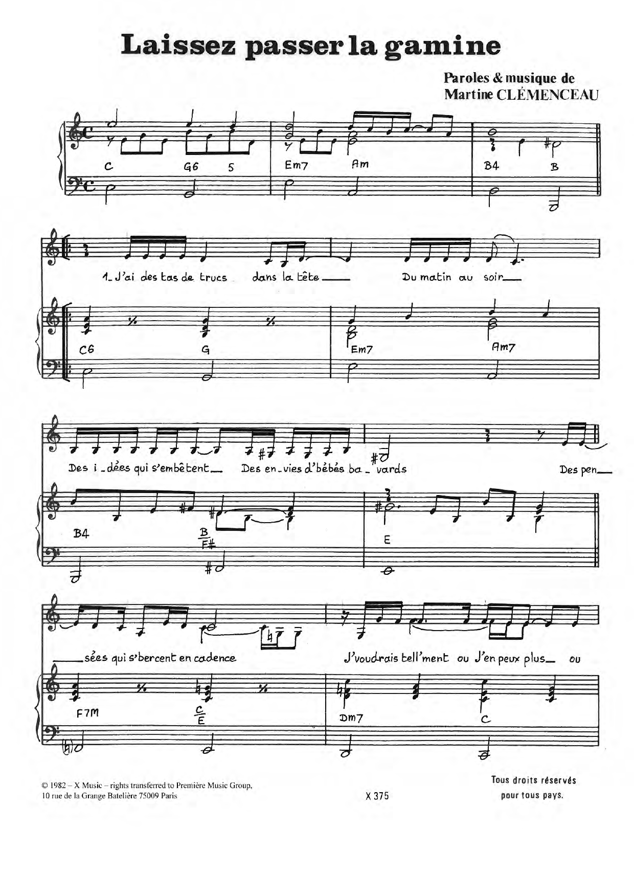 Download Martine Clemenceau Laissez Passer La Gamine Sheet Music and learn how to play Piano & Vocal PDF digital score in minutes