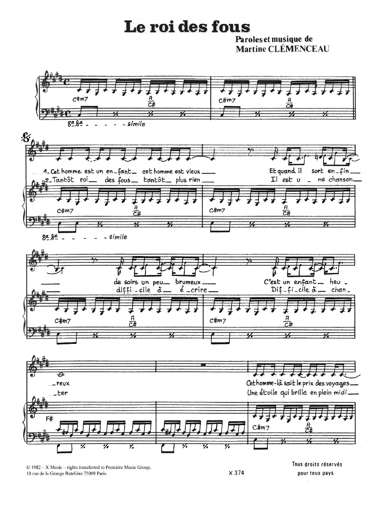 Download Martine Clemenceau Le Roi Des Fous Sheet Music and learn how to play Piano & Vocal PDF digital score in minutes