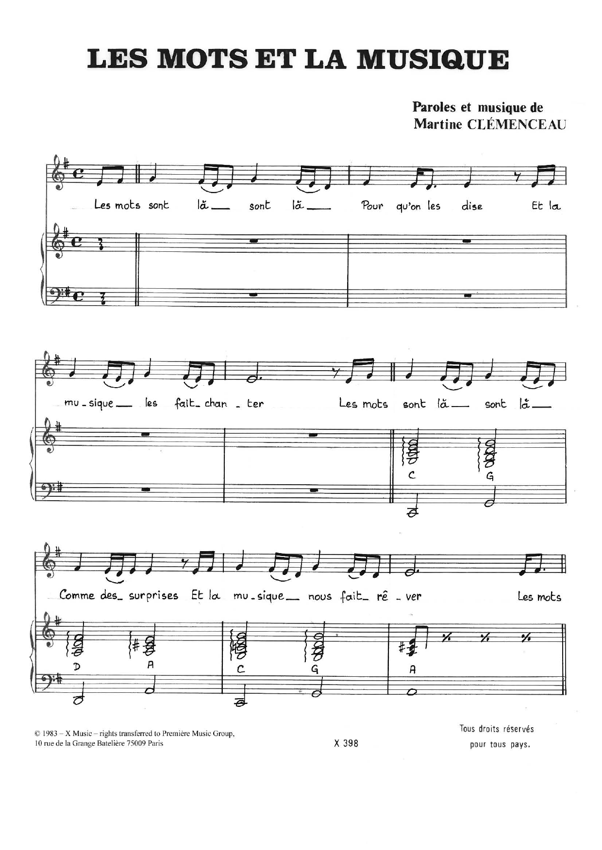 Download Martine Clemenceau Les Mots Et La Musique Sheet Music and learn how to play Piano & Vocal PDF digital score in minutes