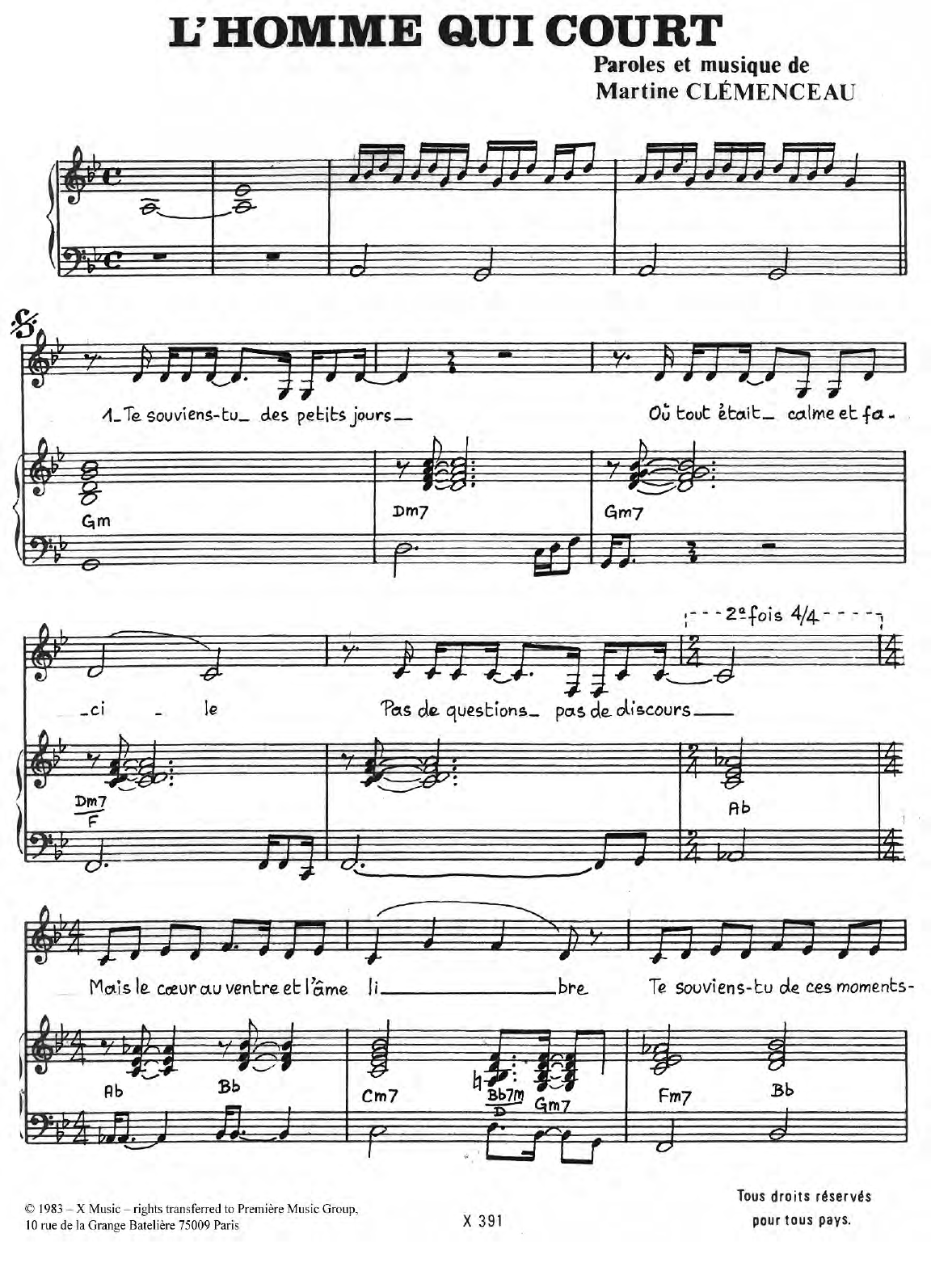 Download Martine Clemenceau L'homme Qui Court Sheet Music and learn how to play Piano & Vocal PDF digital score in minutes