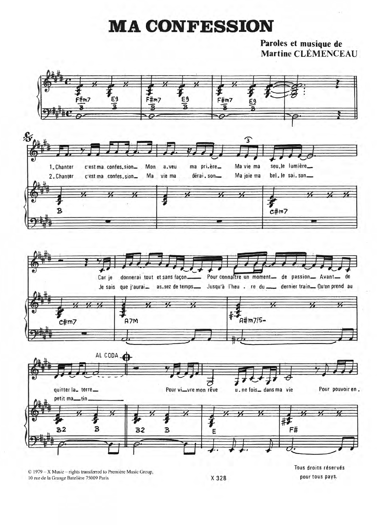 Download Martine Clemenceau Ma Confession Sheet Music and learn how to play Piano & Vocal PDF digital score in minutes