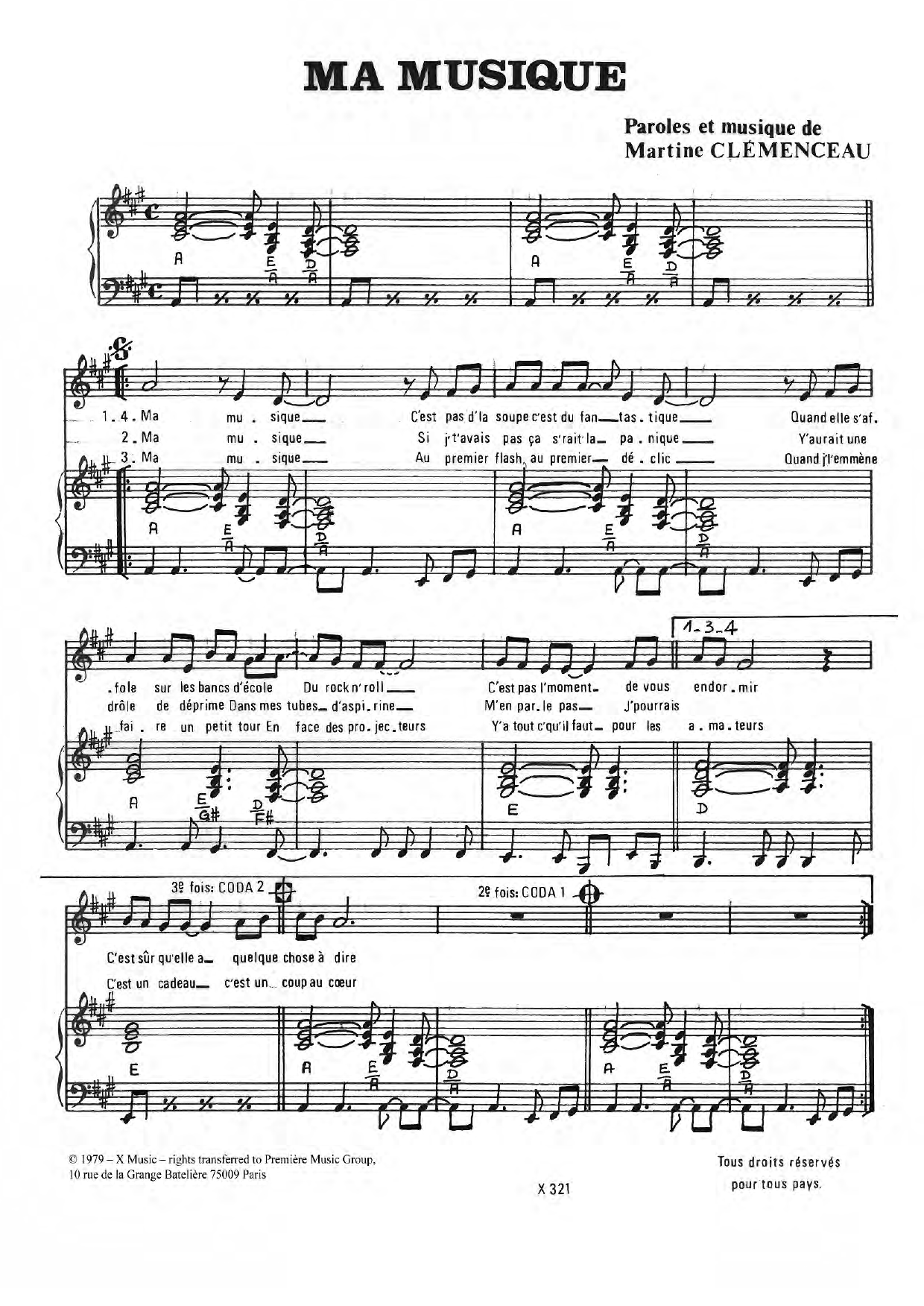 Download Martine Clemenceau Ma Musique Sheet Music and learn how to play Piano & Vocal PDF digital score in minutes