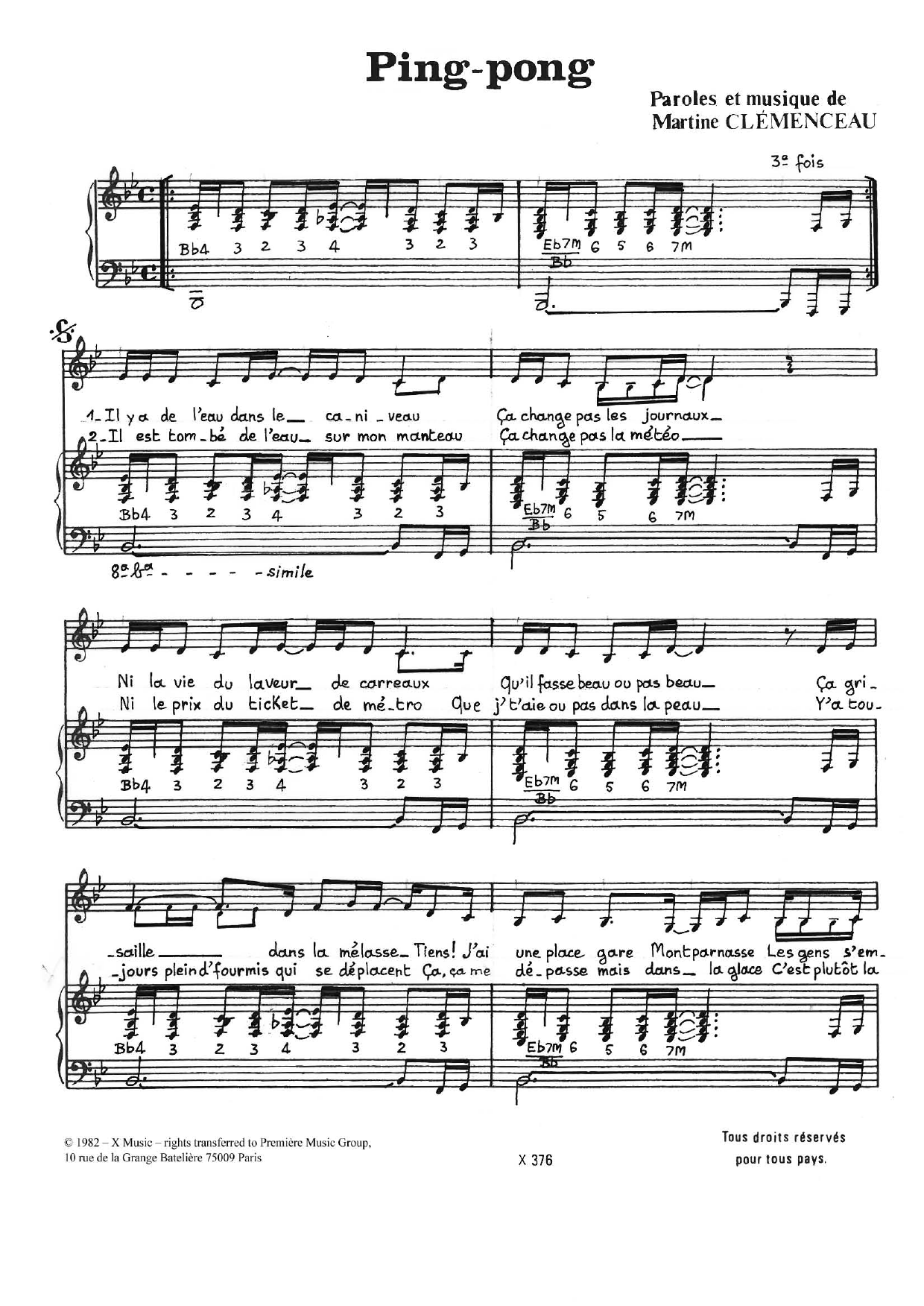 Download Martine Clemenceau Ping-Pong Sheet Music and learn how to play Piano & Vocal PDF digital score in minutes