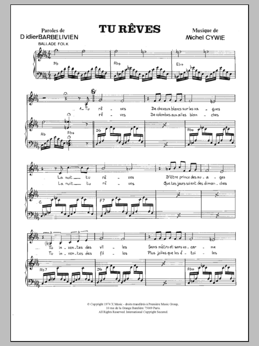 Download Martine Le Page Tu Reves Sheet Music and learn how to play Piano & Vocal PDF digital score in minutes