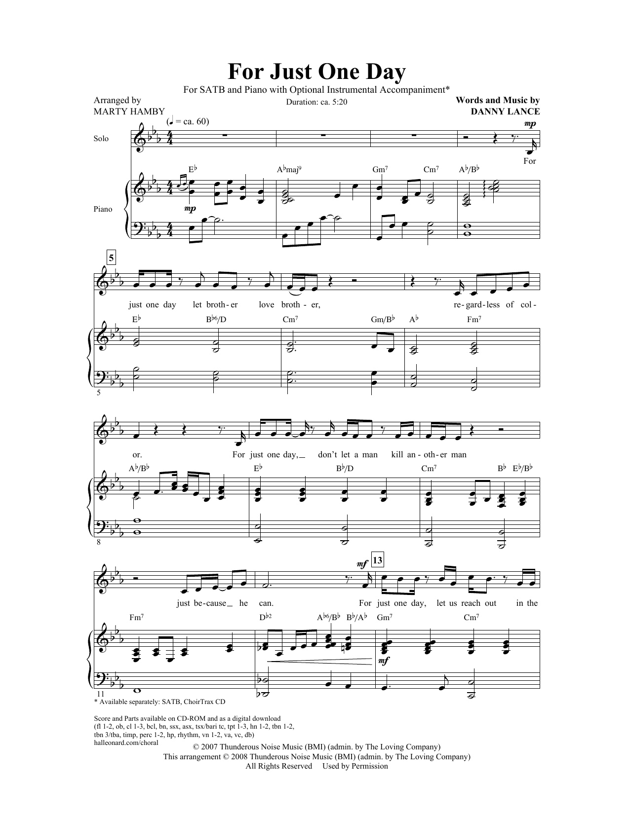 Download Danny Lance For Just One Day (arr. Marty Hamby) Sheet Music and learn how to play SATB PDF digital score in minutes